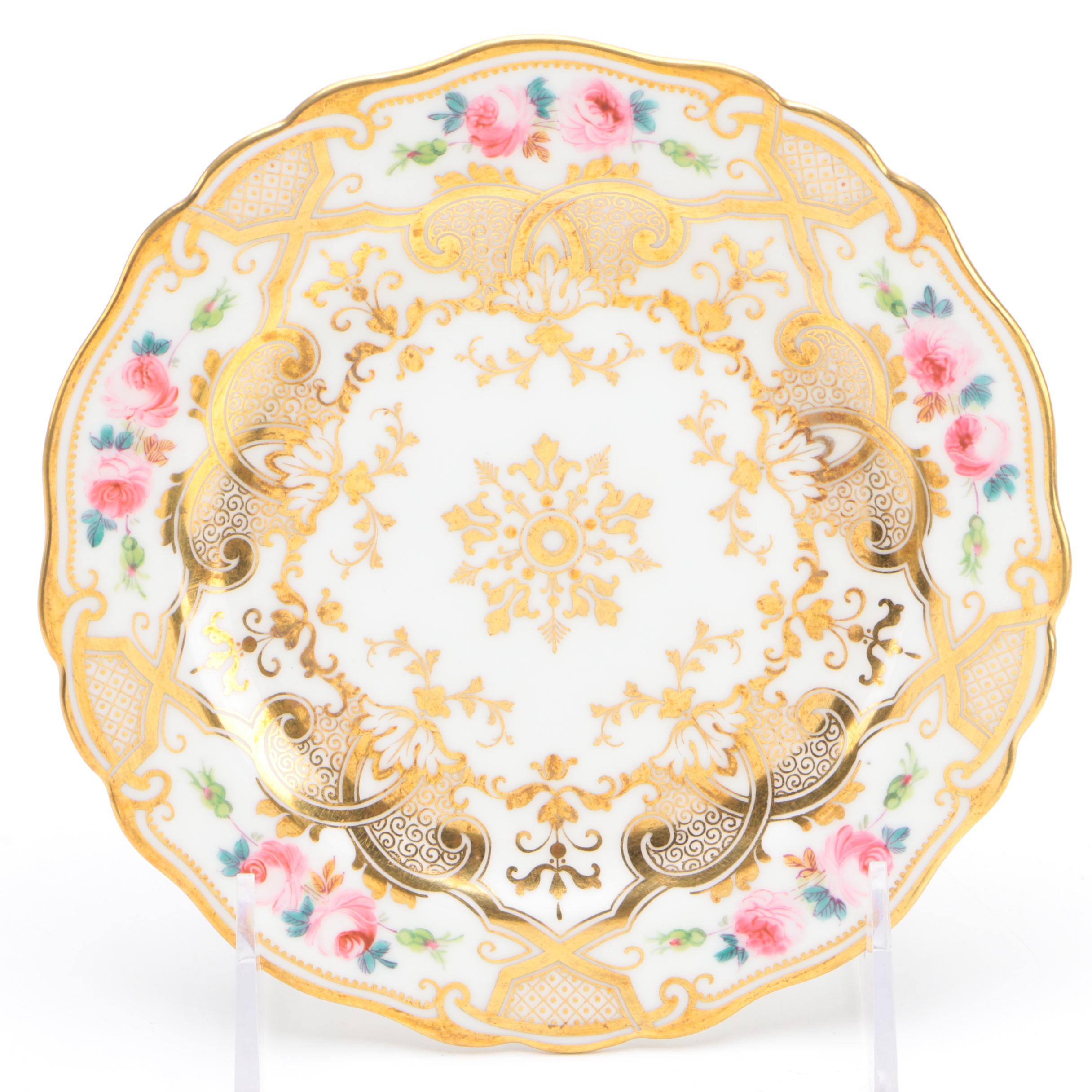 English Hand-Painted and Gilt Porcelain Floral Dinnerware Pieces
