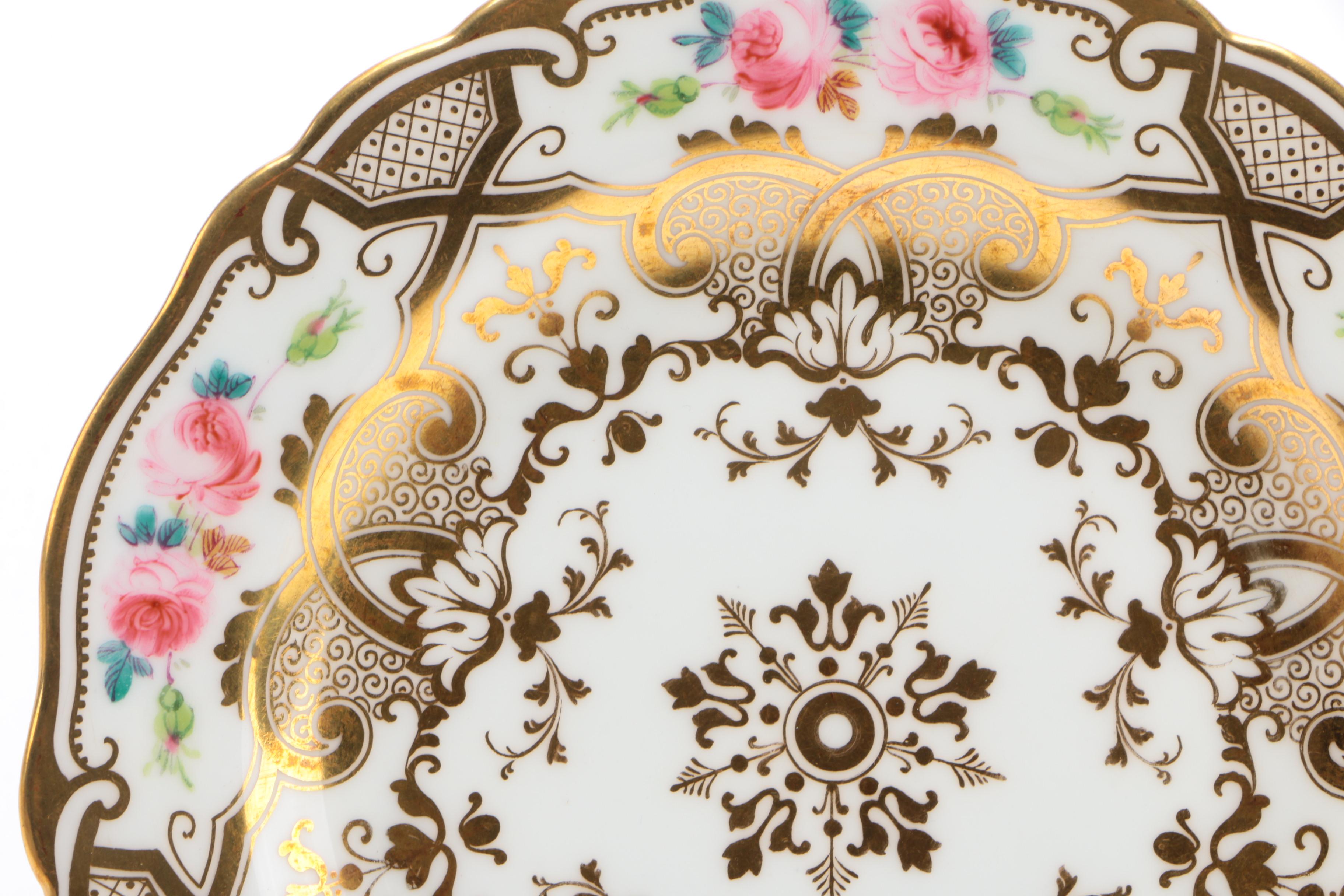 English Hand-Painted and Gilt Porcelain Floral Dinnerware Pieces