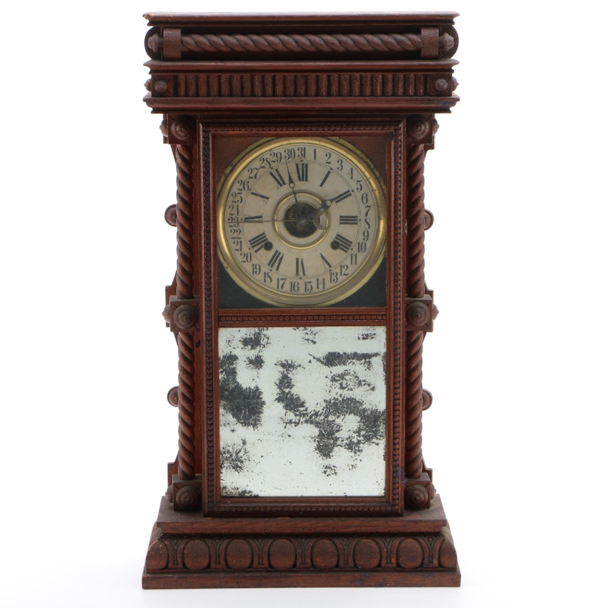 Davis Clock Company Original Finish Oak Calendar Shelf Clock, Late 19th Century