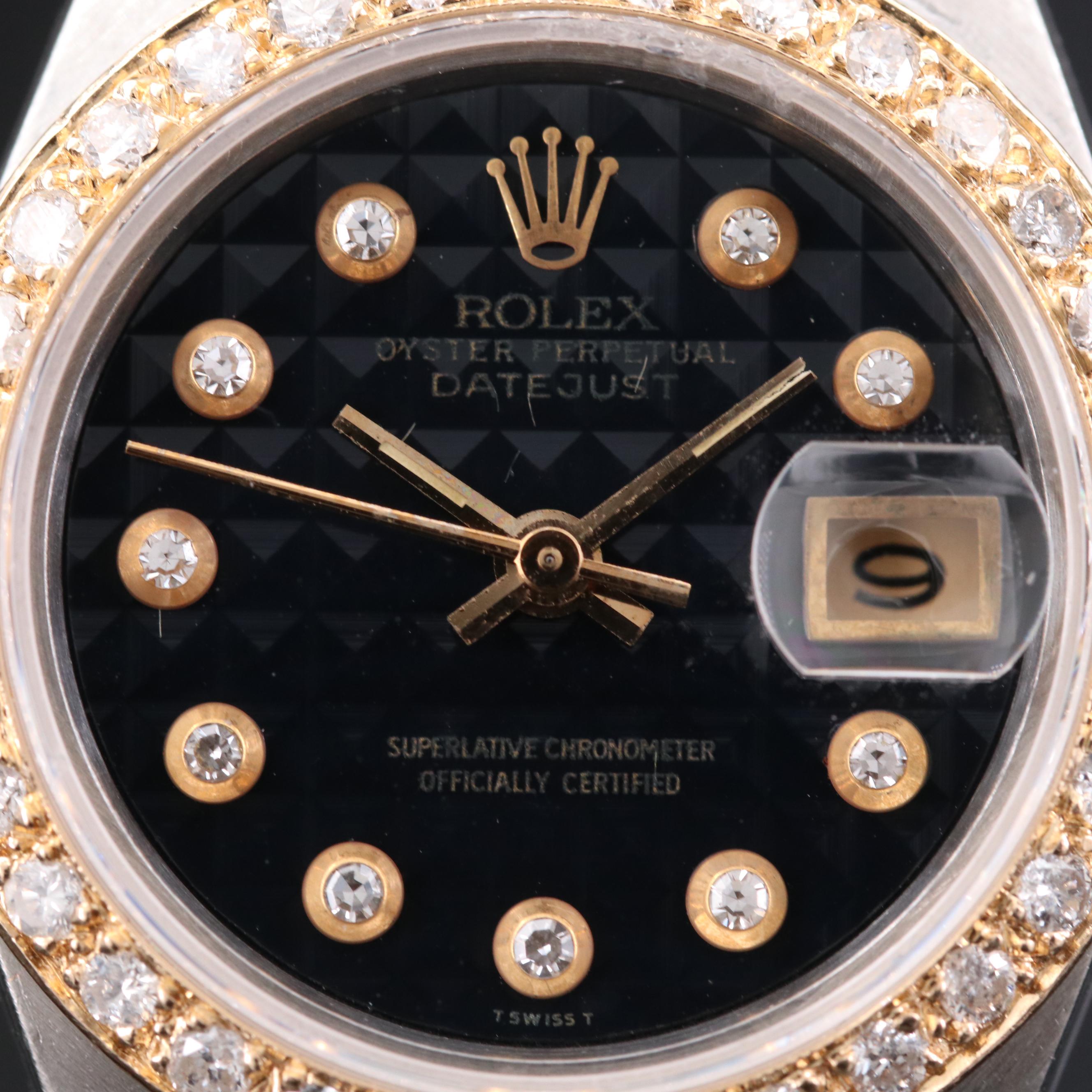 Rolex Date 18K Gold and Stainless Steel Watch with Diamond Dial and 14K Bezel