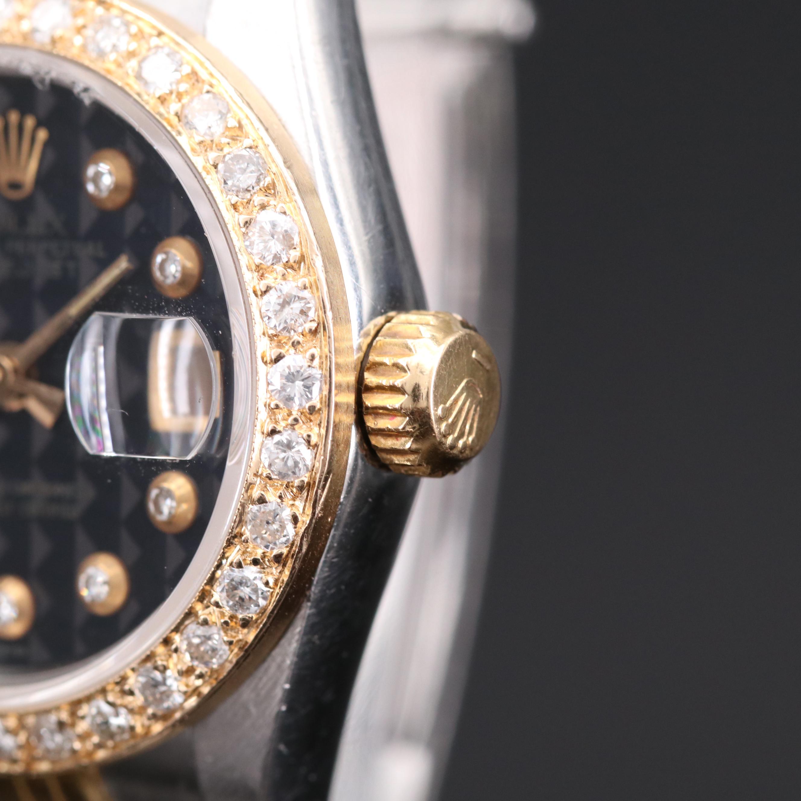 Rolex Date 18K Gold and Stainless Steel Watch with Diamond Dial and 14K Bezel