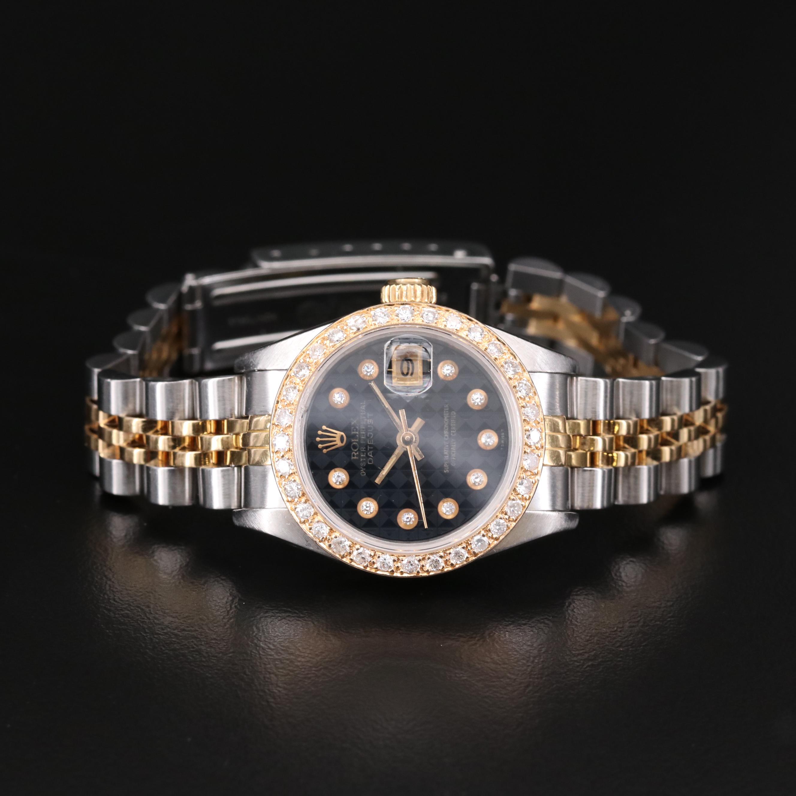 Rolex Date 18K Gold and Stainless Steel Watch with Diamond Dial and 14K Bezel