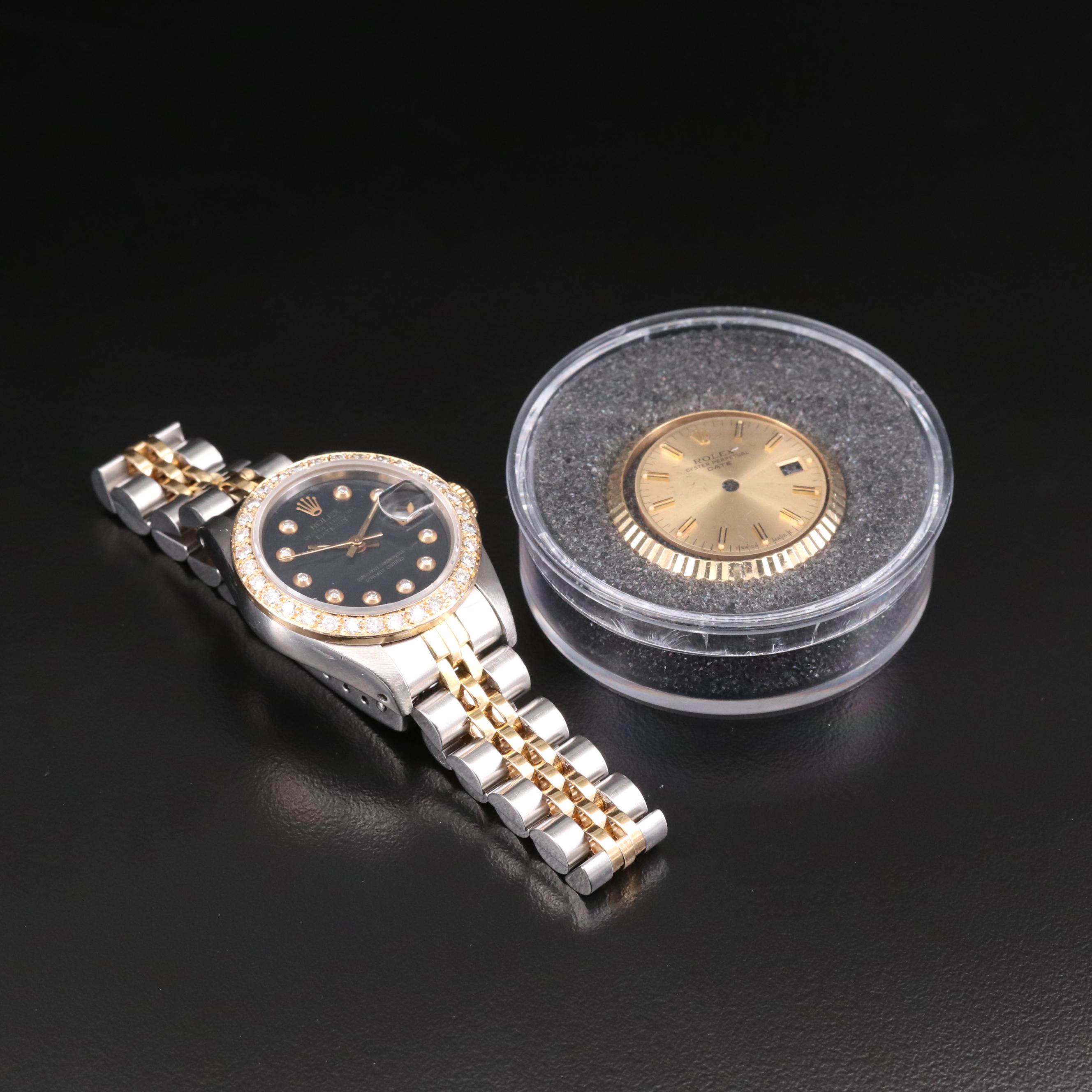 Rolex Date 18K Gold and Stainless Steel Watch with Diamond Dial and 14K Bezel