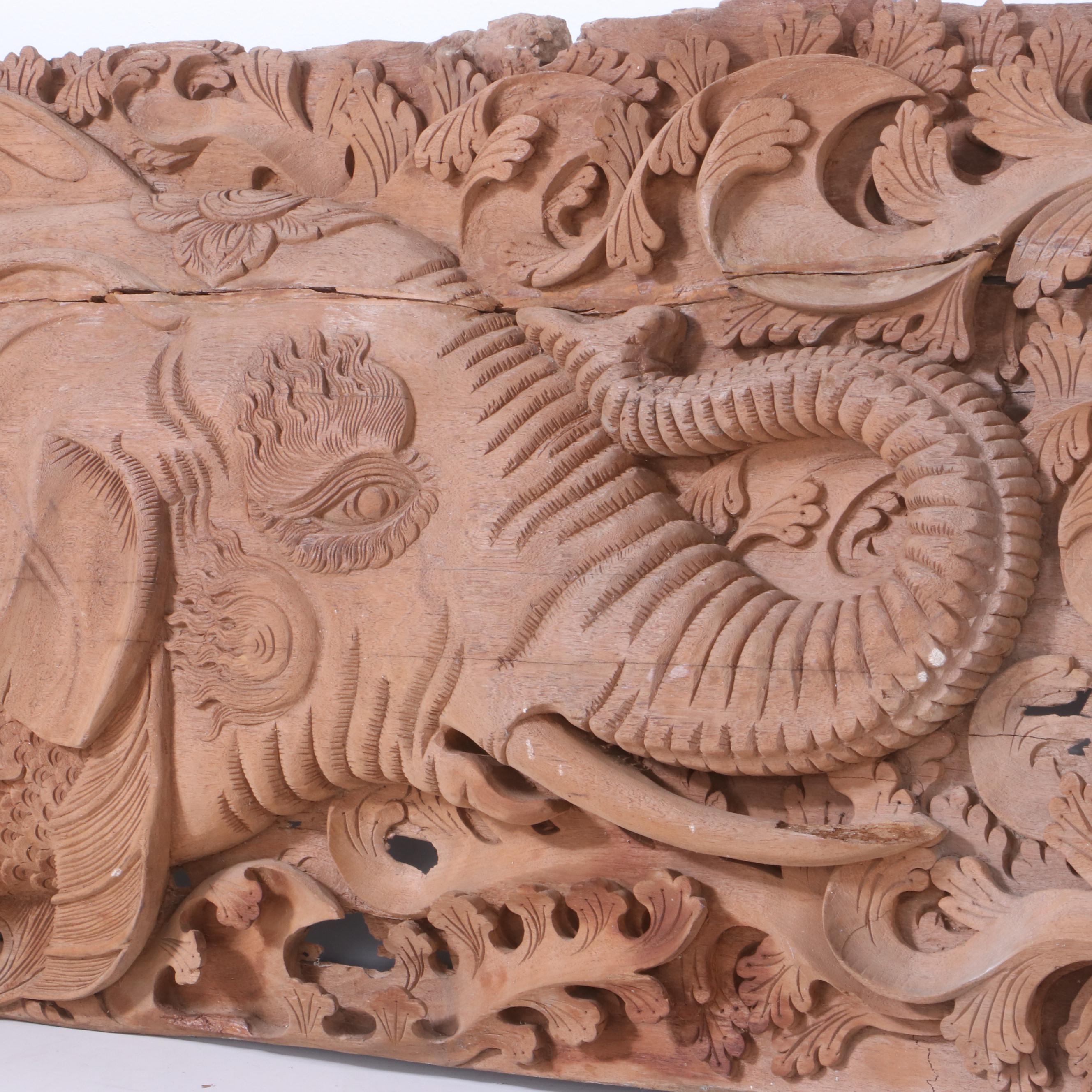 Thai Style Hand-Carved Architectural Relief with Makara and Mythological Fish