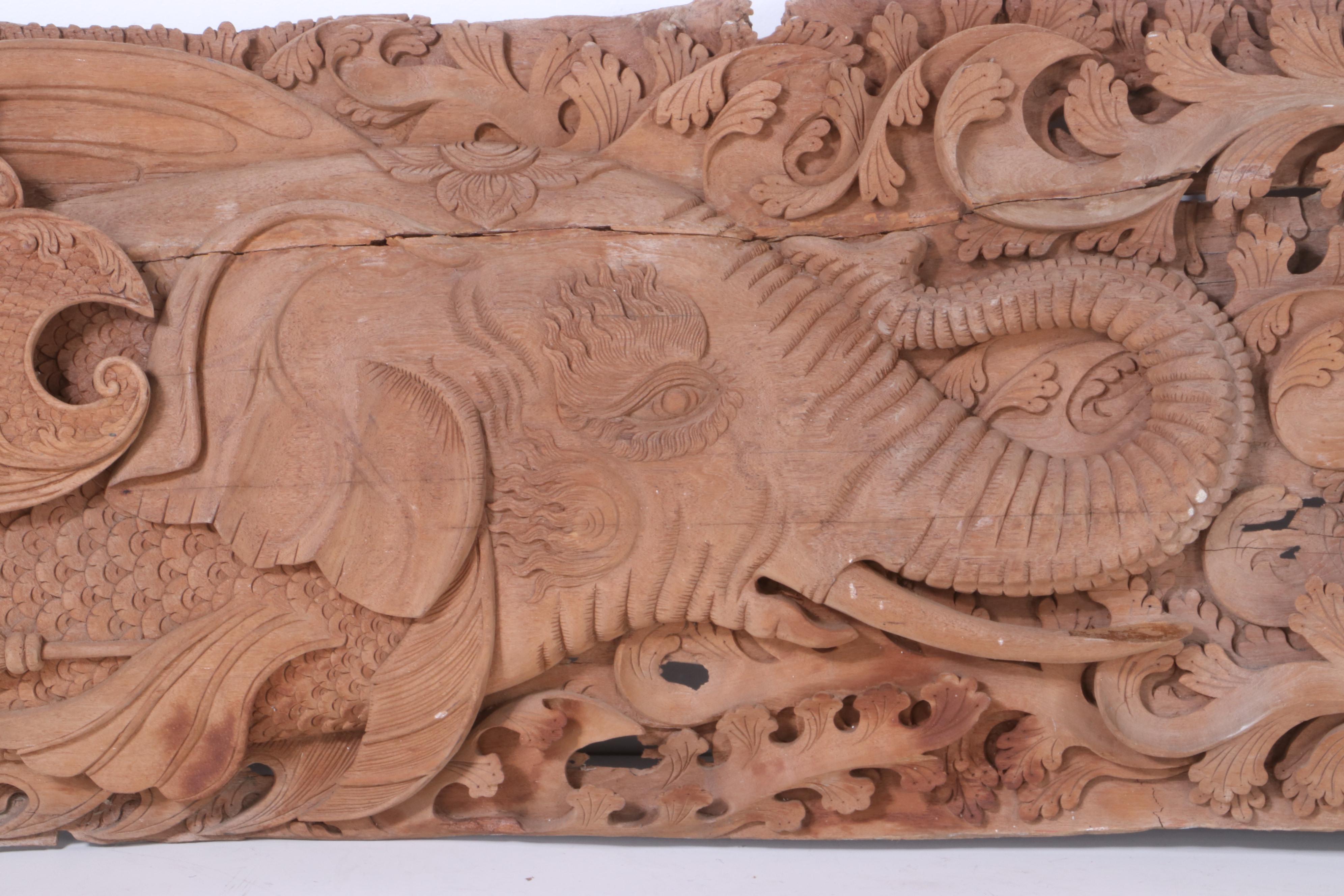Thai Style Hand-Carved Architectural Relief with Makara and Mythological Fish