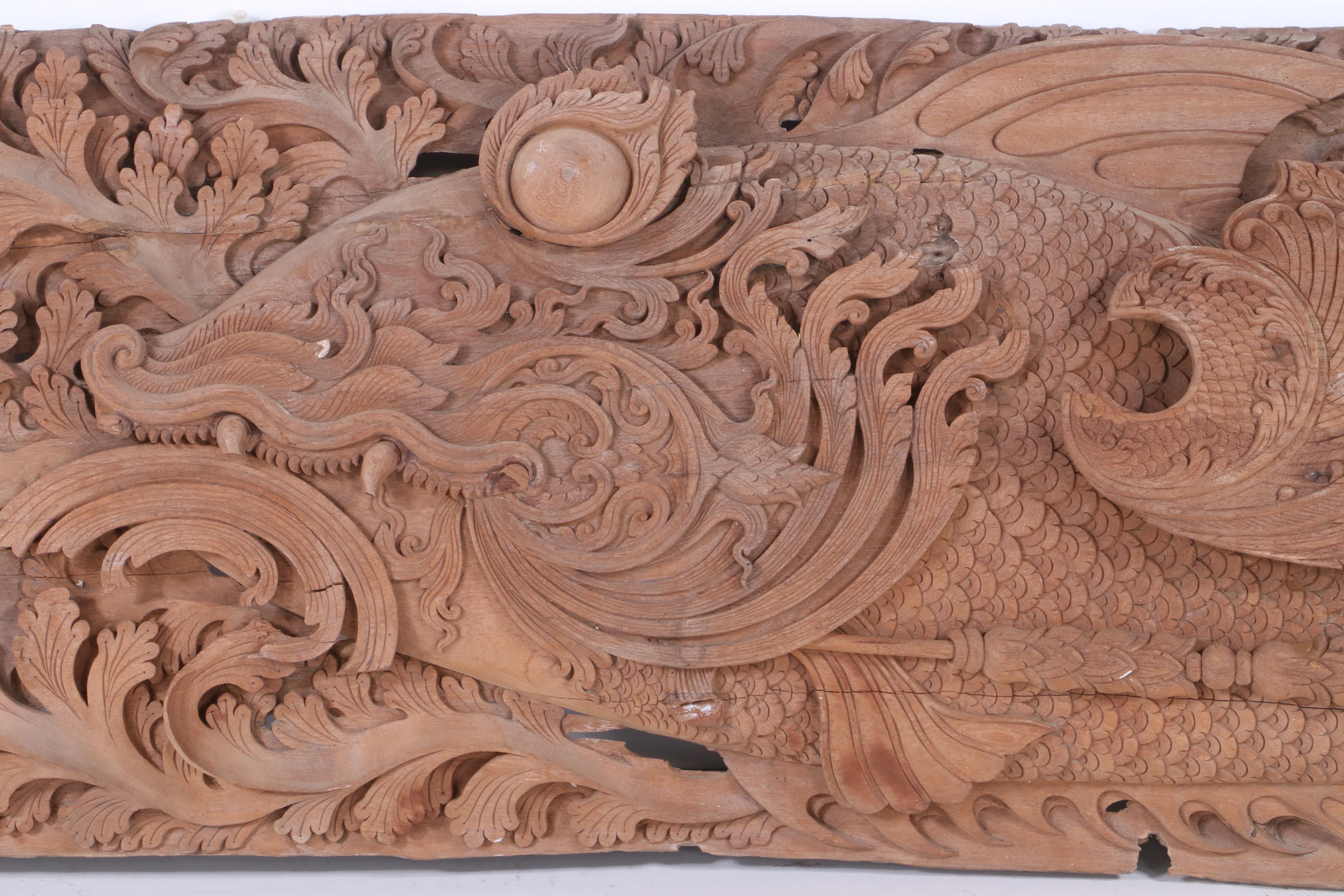 Thai Style Hand-Carved Architectural Relief with Makara and Mythological Fish
