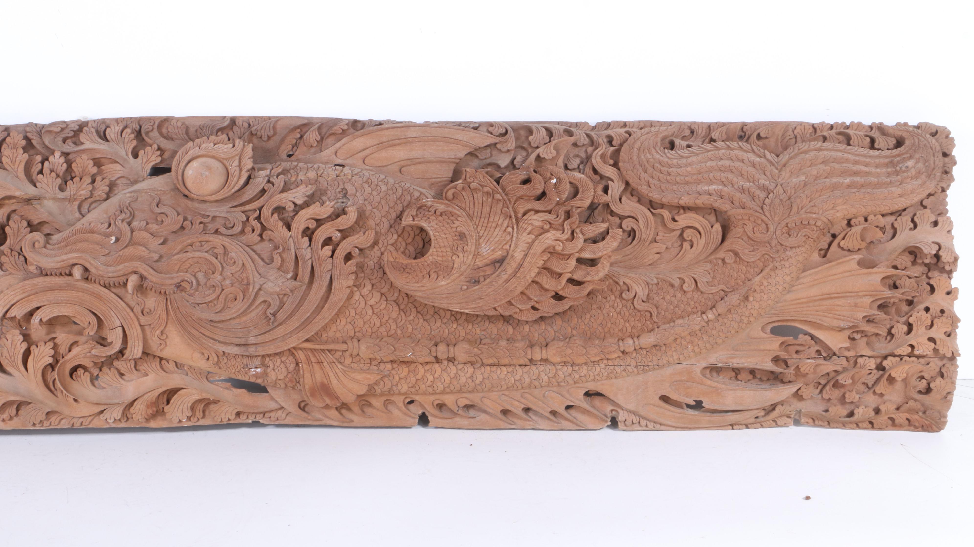 Thai Style Hand-Carved Architectural Relief with Makara and Mythological Fish