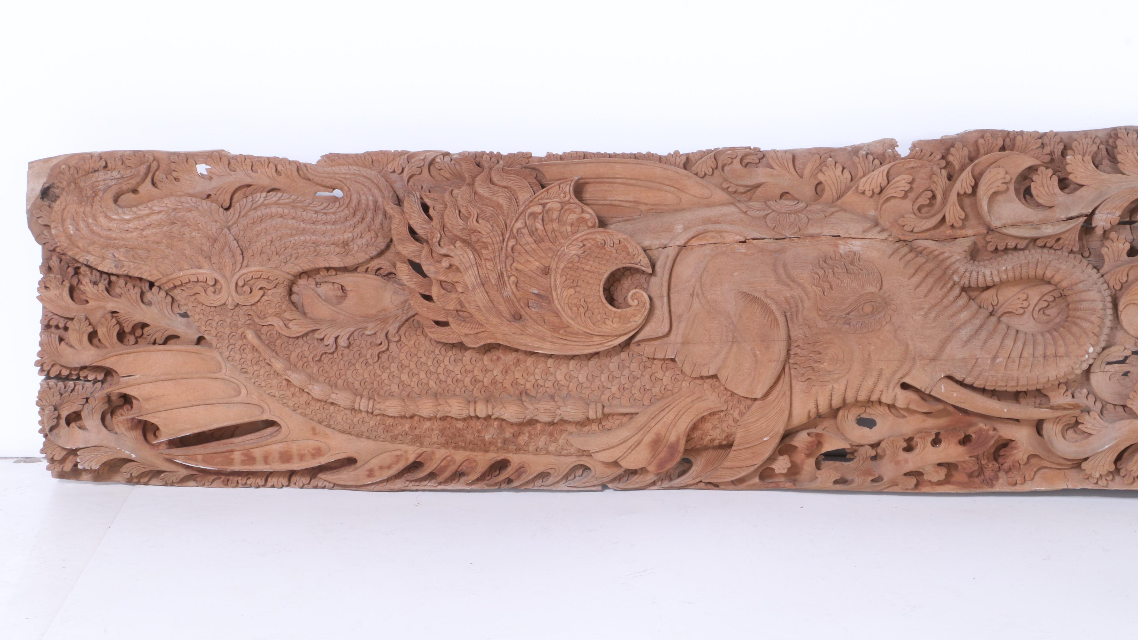 Thai Style Hand-Carved Architectural Relief with Makara and Mythological Fish