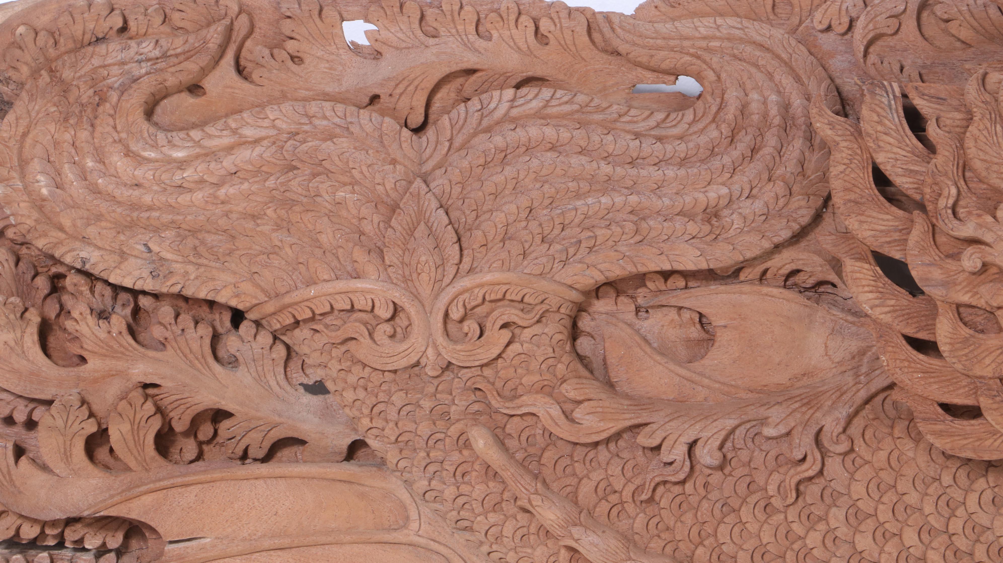 Thai Style Hand-Carved Architectural Relief with Makara and Mythological Fish