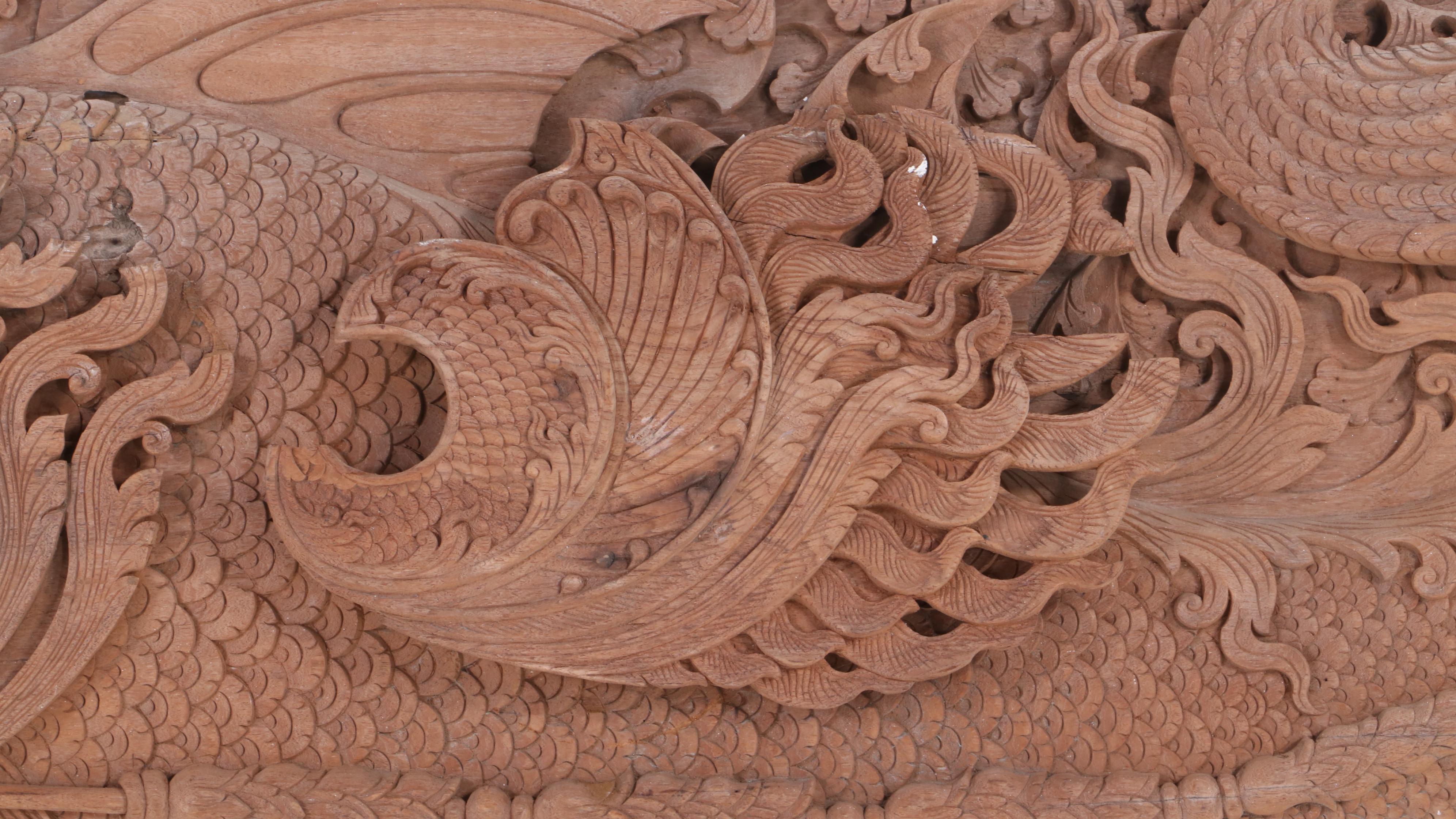 Thai Style Hand-Carved Architectural Relief with Makara and Mythological Fish