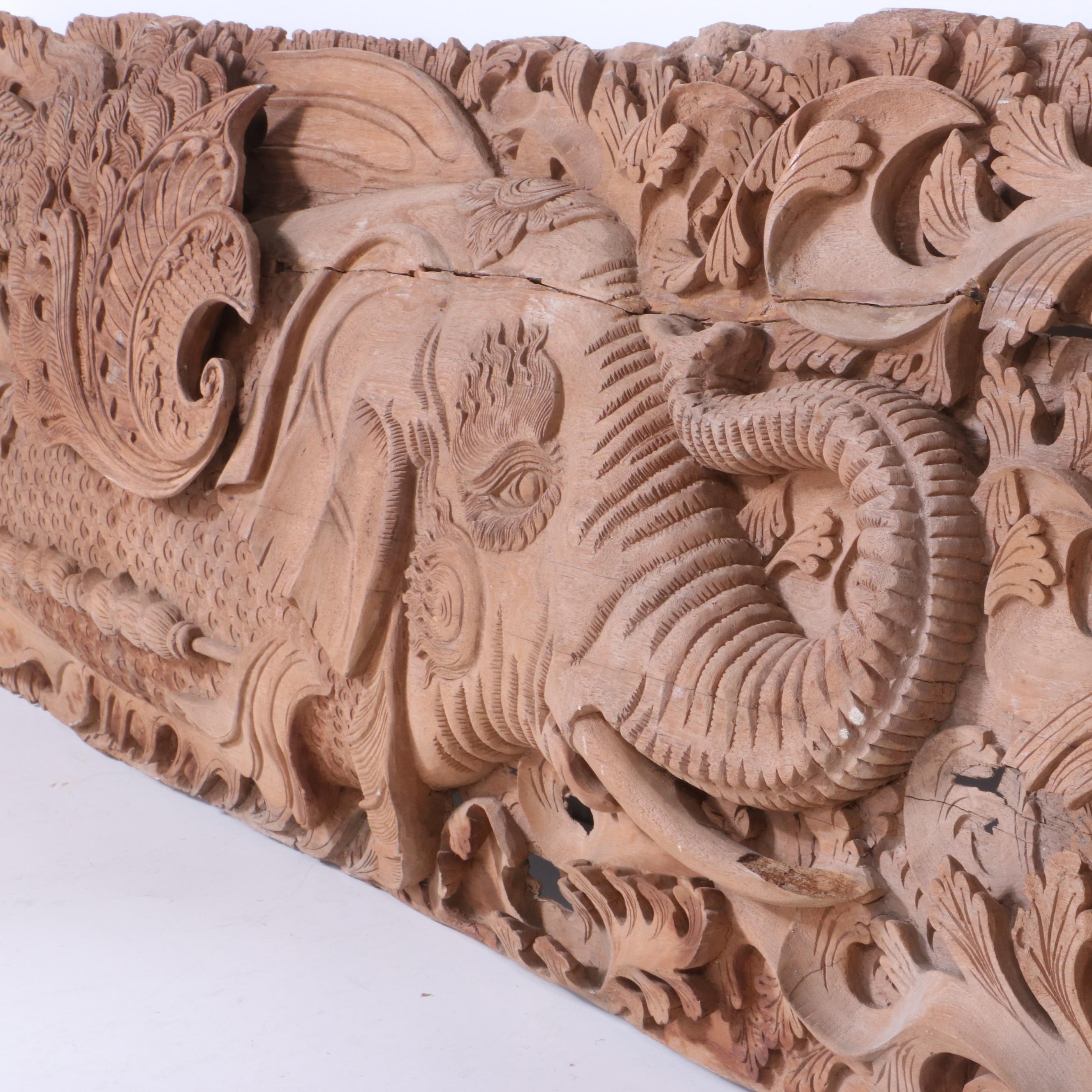 Thai Style Hand-Carved Architectural Relief with Makara and Mythological Fish