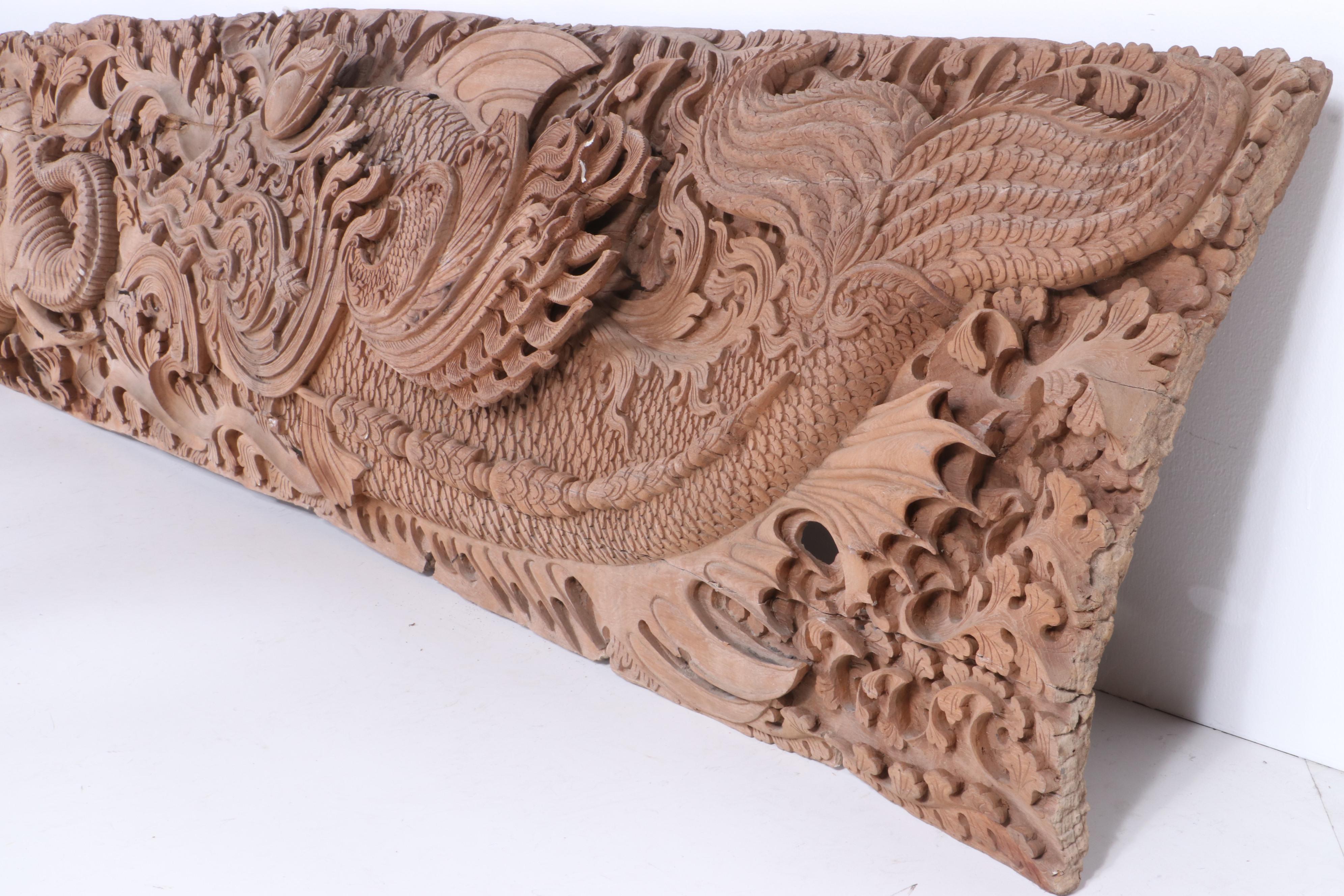 Thai Style Hand-Carved Architectural Relief with Makara and Mythological Fish