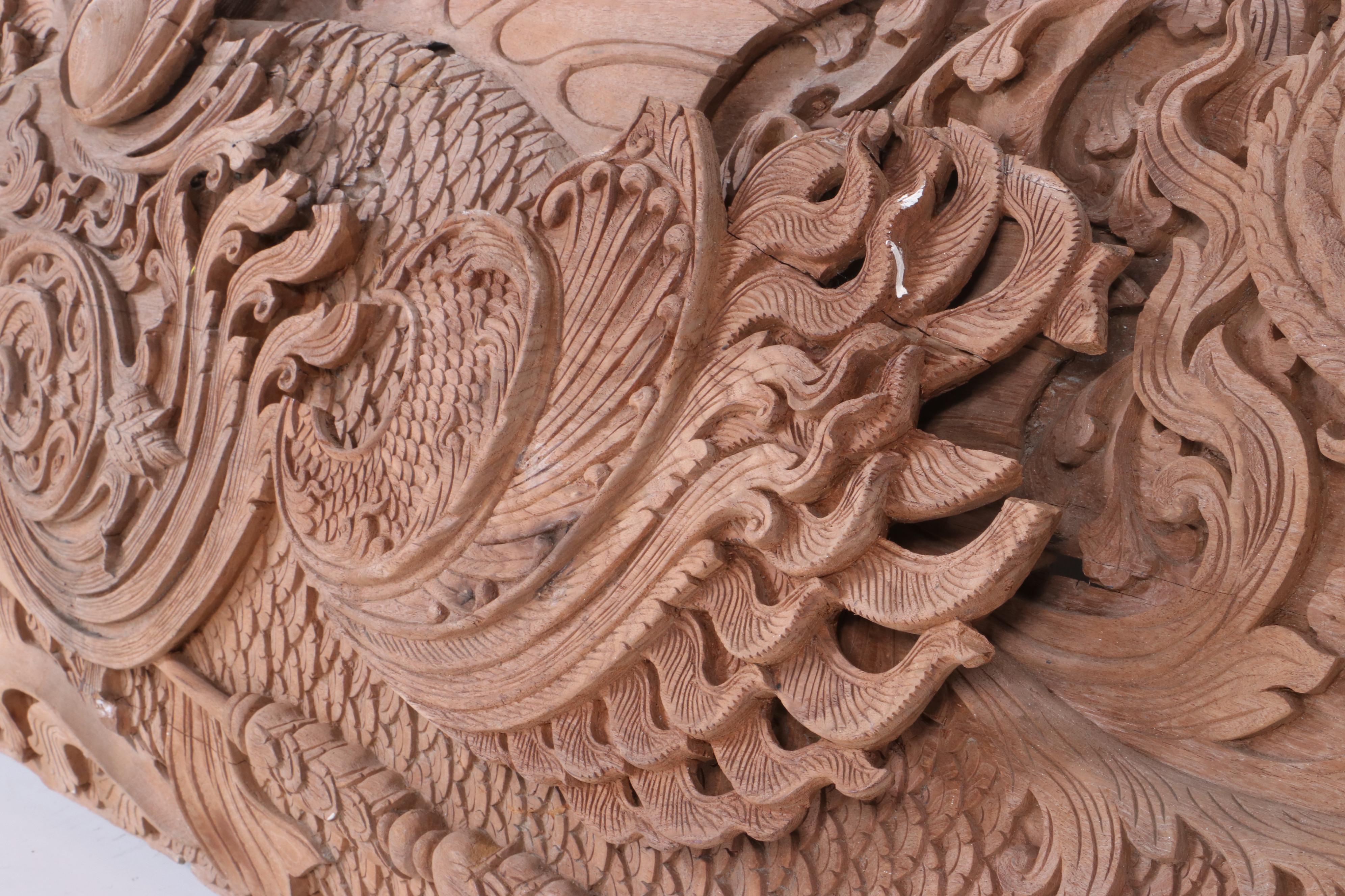 Thai Style Hand-Carved Architectural Relief with Makara and Mythological Fish