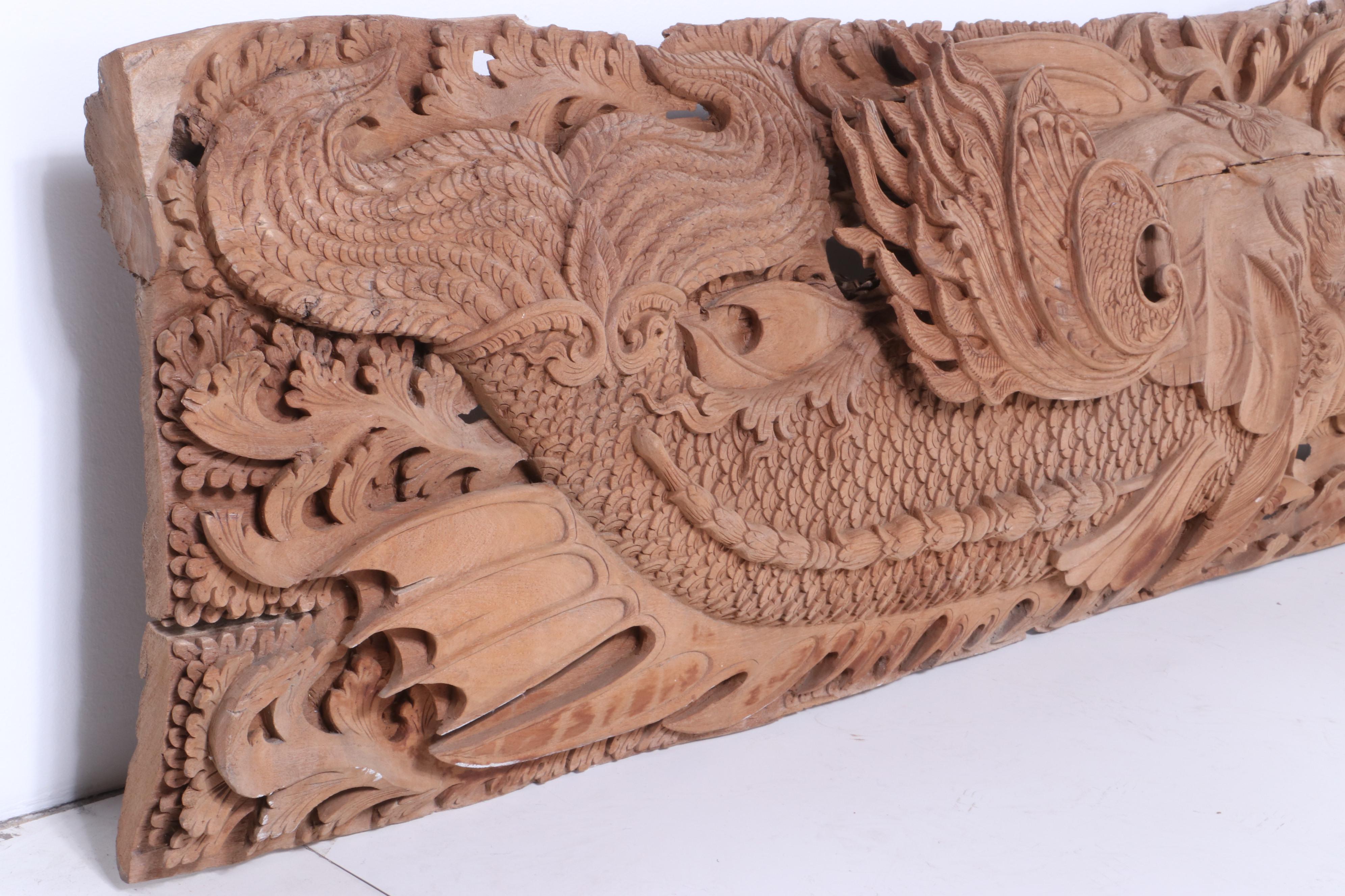 Thai Style Hand-Carved Architectural Relief with Makara and Mythological Fish