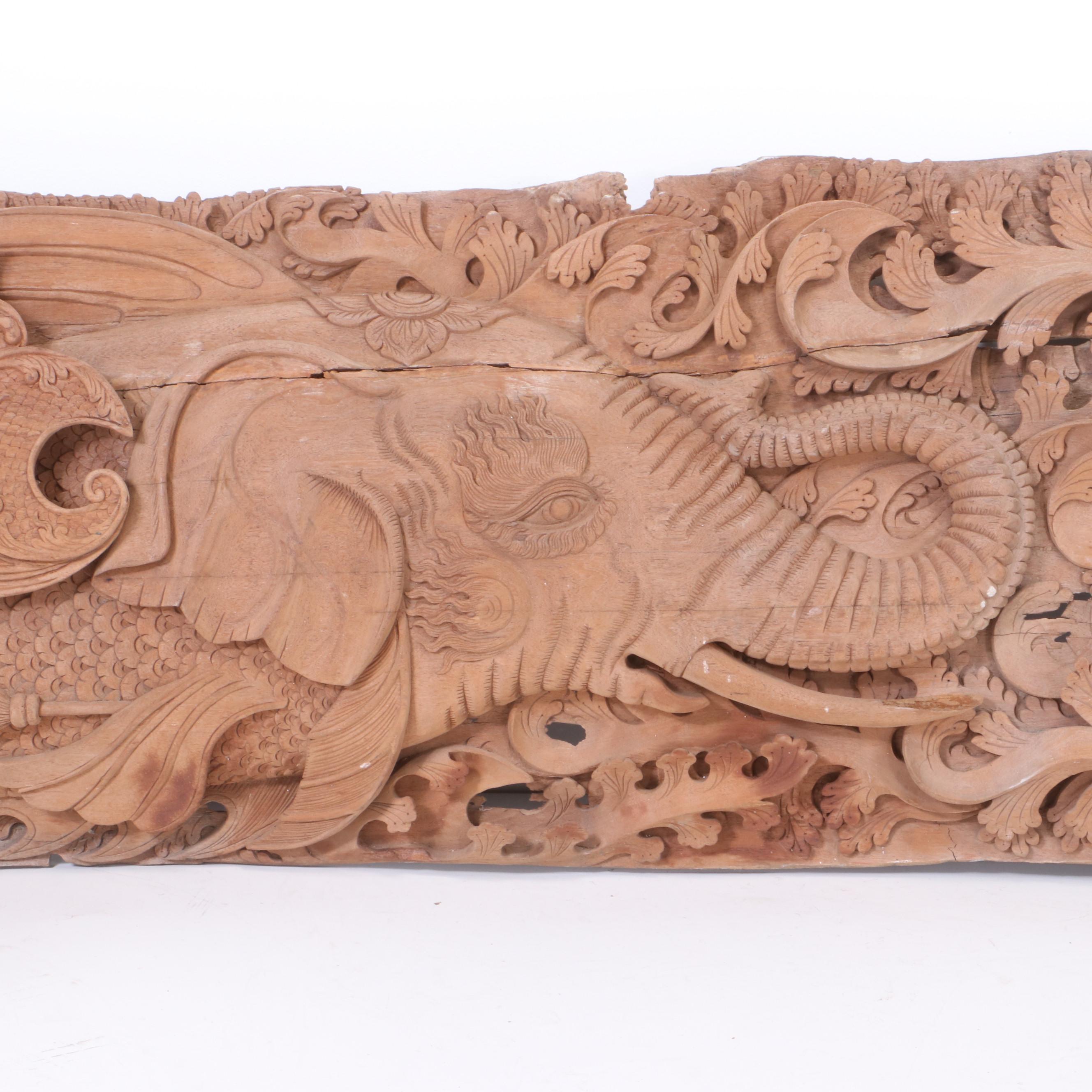 Thai Style Hand-Carved Architectural Relief with Makara and Mythological Fish