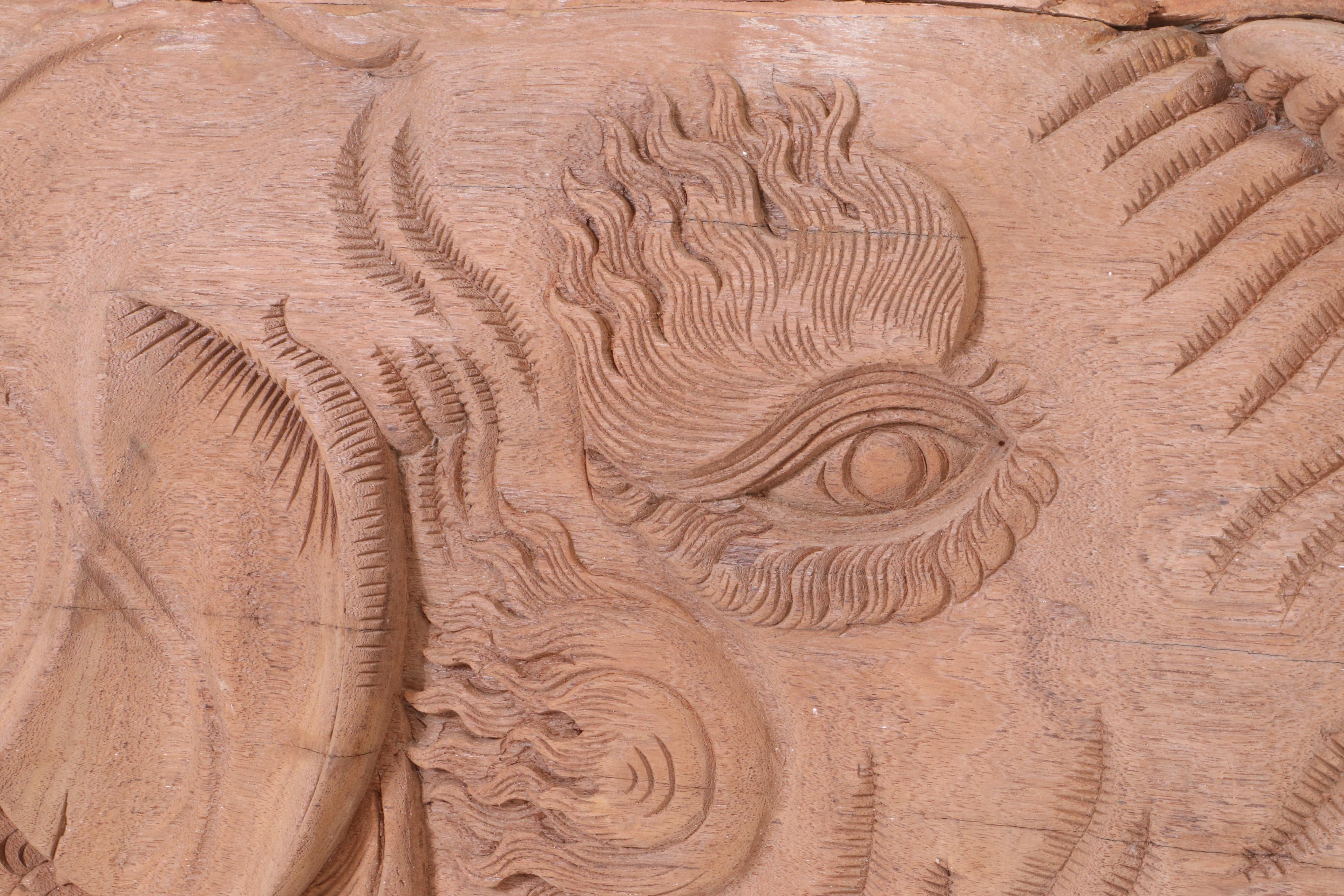 Thai Style Hand-Carved Architectural Relief with Makara and Mythological Fish