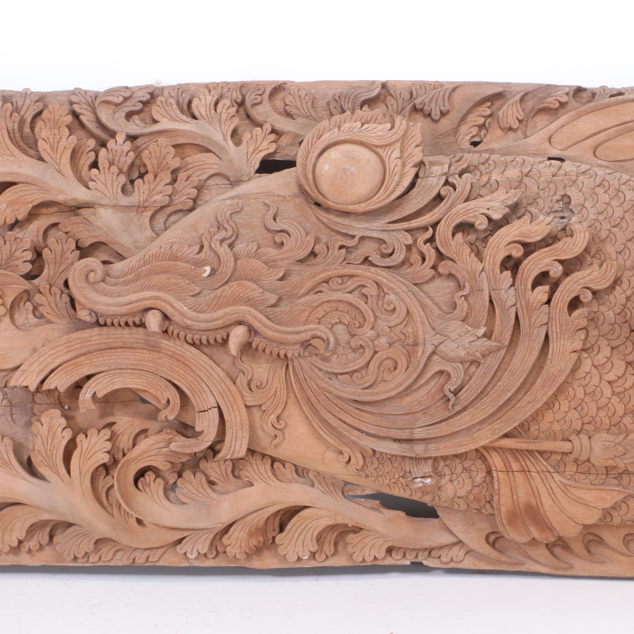 Thai Style Hand-Carved Architectural Relief with Makara and Mythological Fish