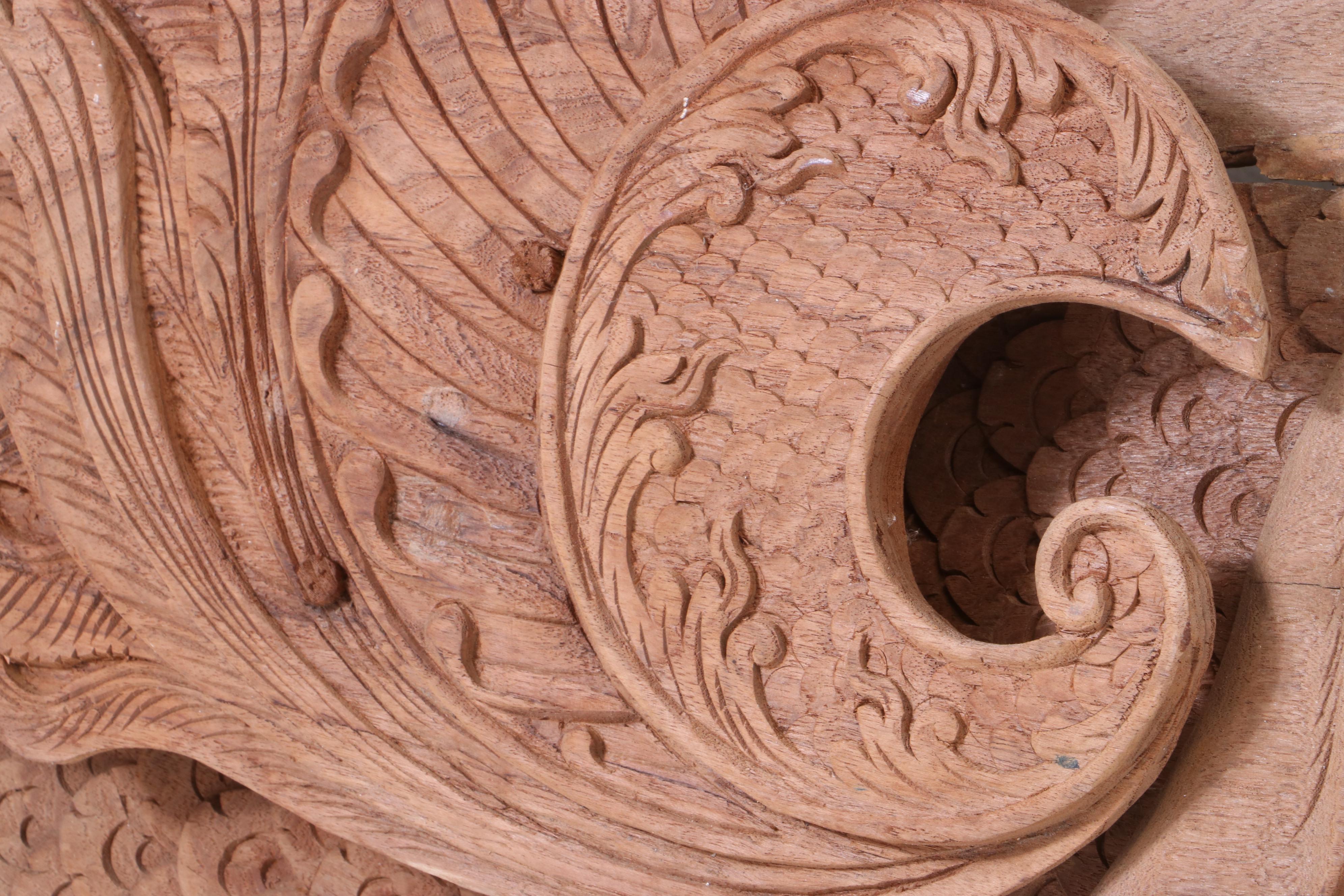 Thai Style Hand-Carved Architectural Relief with Makara and Mythological Fish