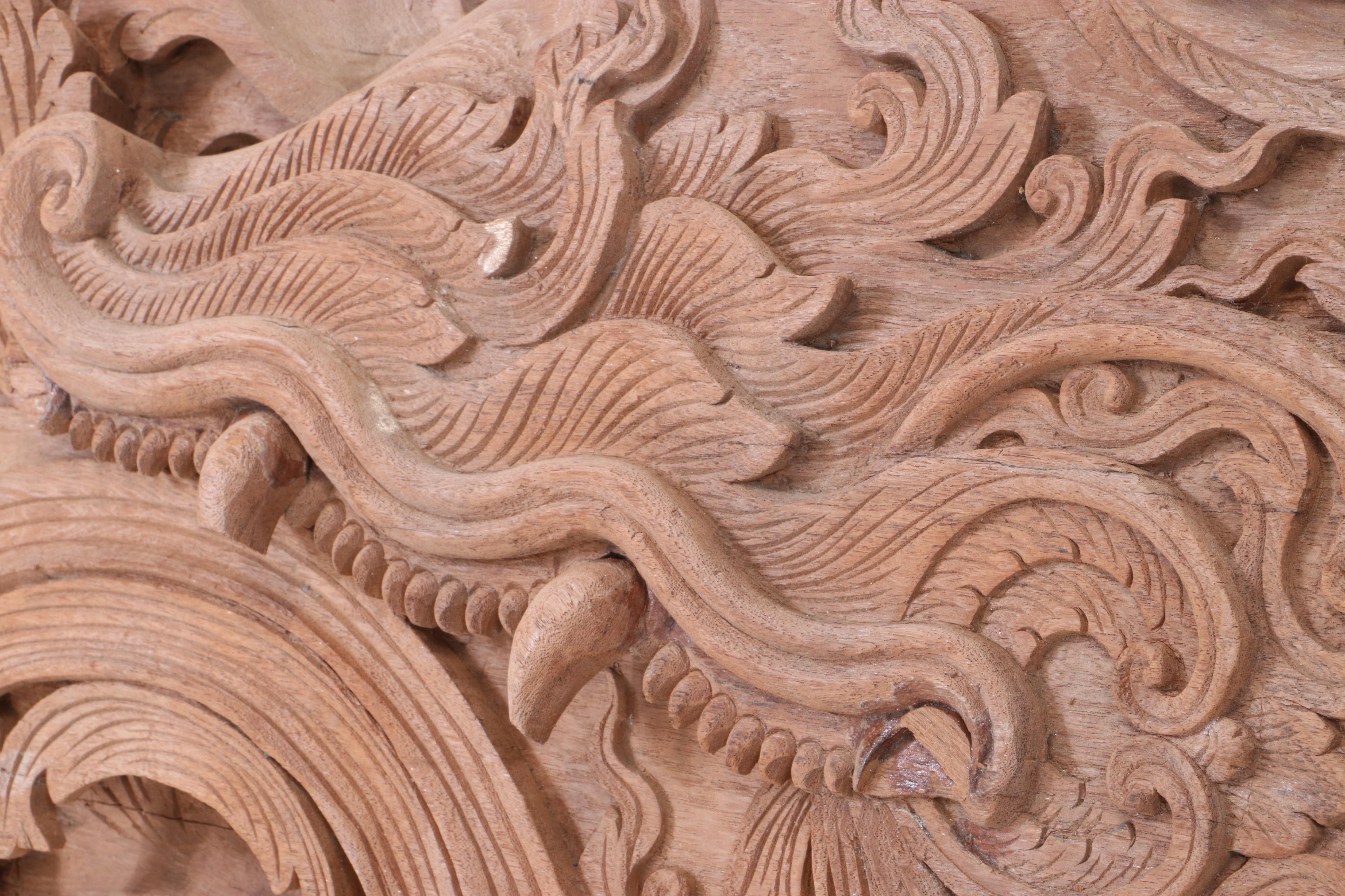 Thai Style Hand-Carved Architectural Relief with Makara and Mythological Fish