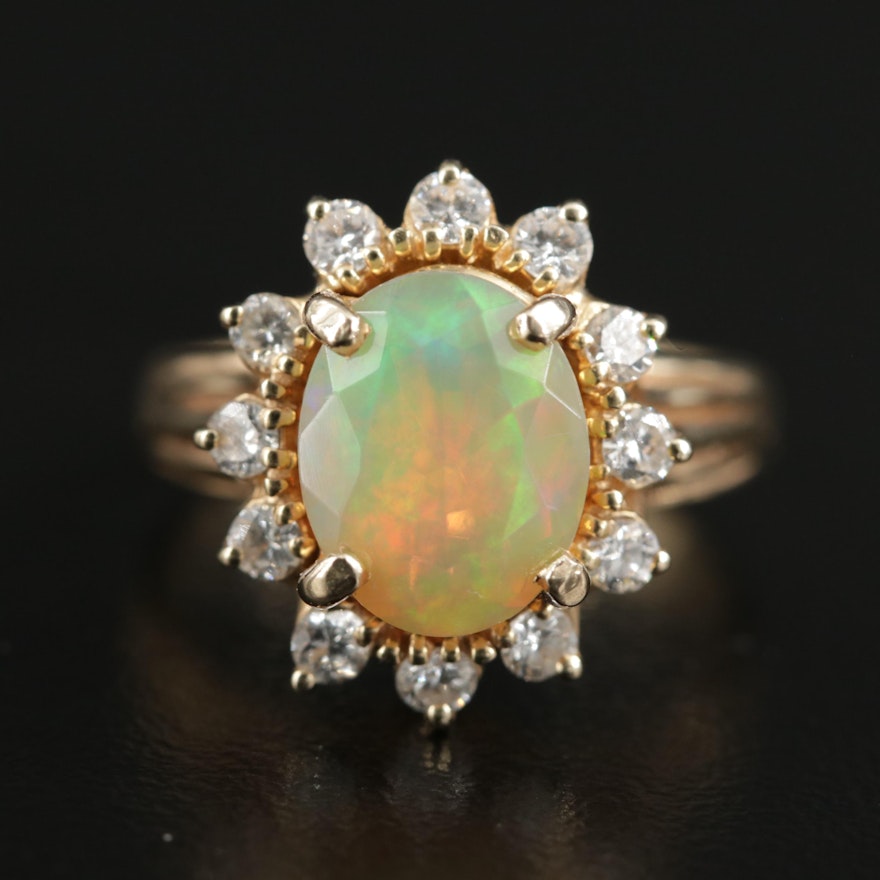 14K Gold Opal and Diamond Halo Ring