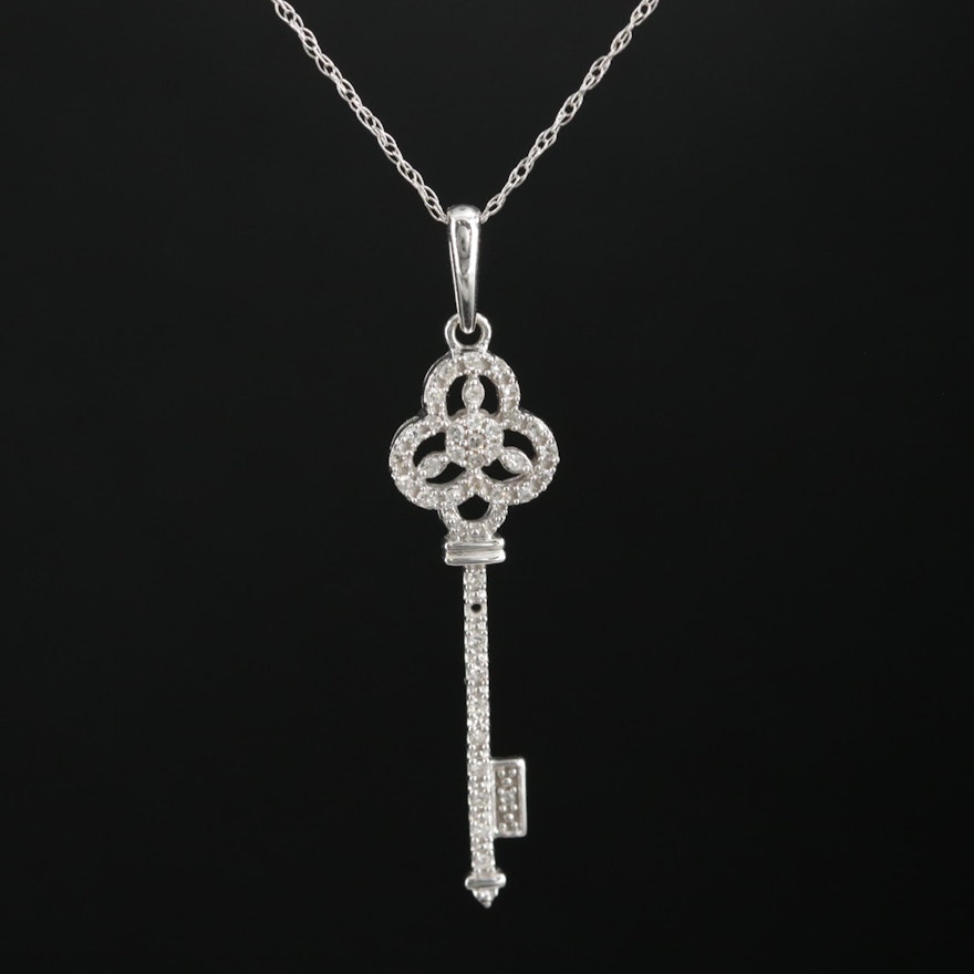 14K Diamond Key Pendant on Singapore Necklace