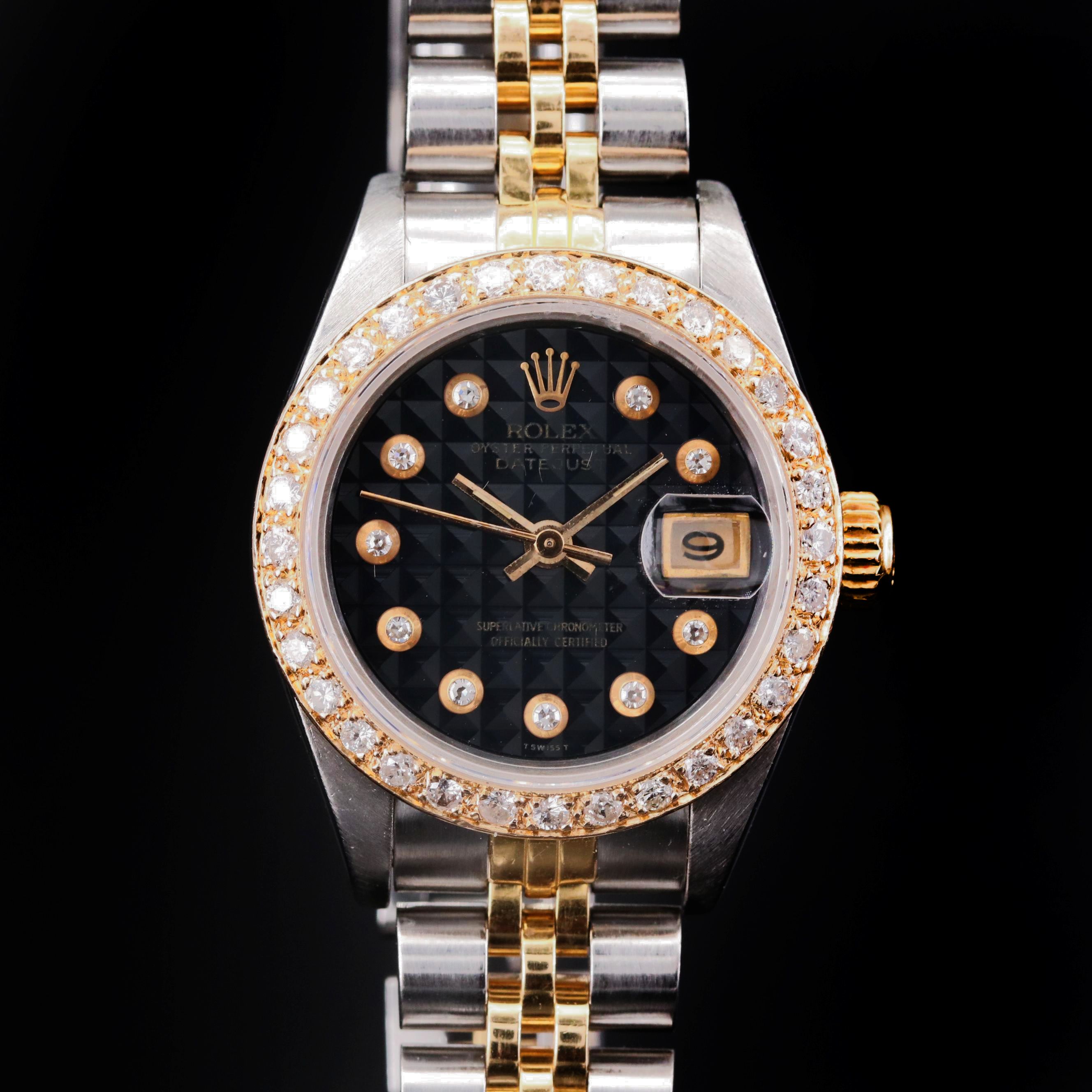 Rolex Date 18K Gold and Stainless Steel Watch with Diamond Dial and 14K Bezel