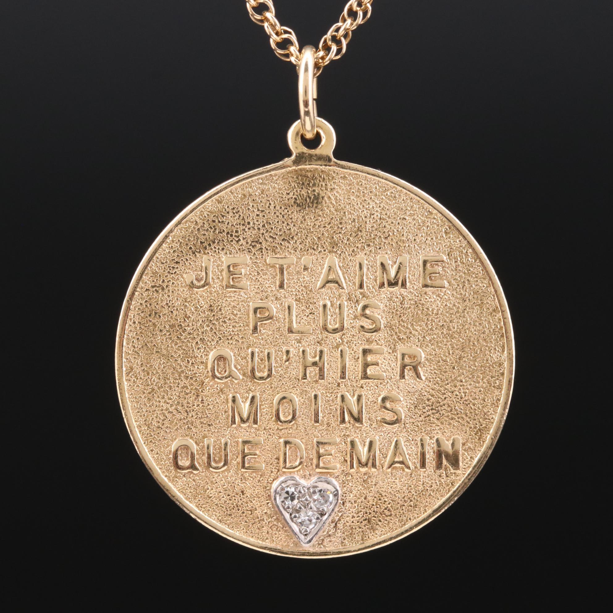 14K Yellow Gold Diamond Pendant Necklace Featuring French Love Saying