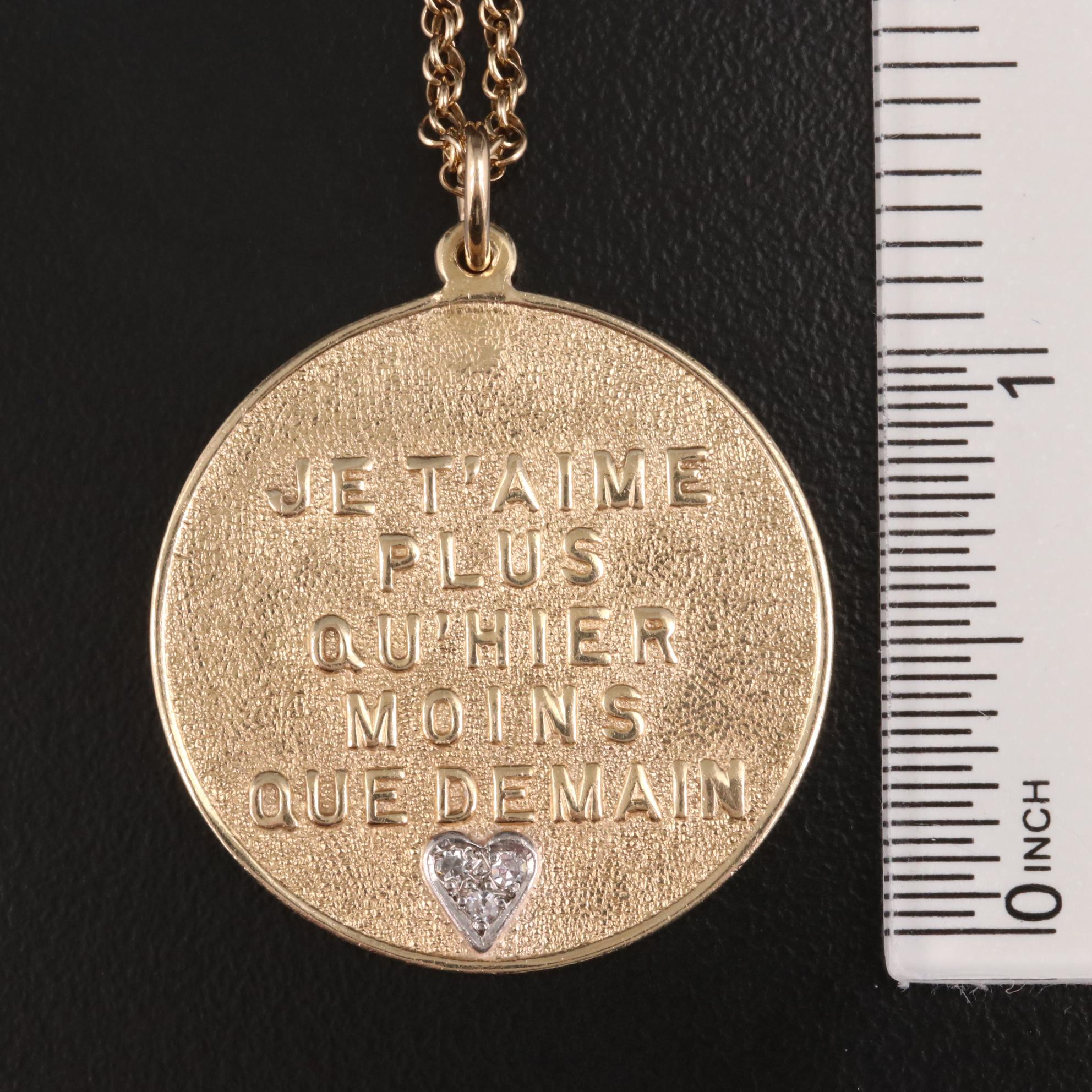 14K Yellow Gold Diamond Pendant Necklace Featuring French Love Saying