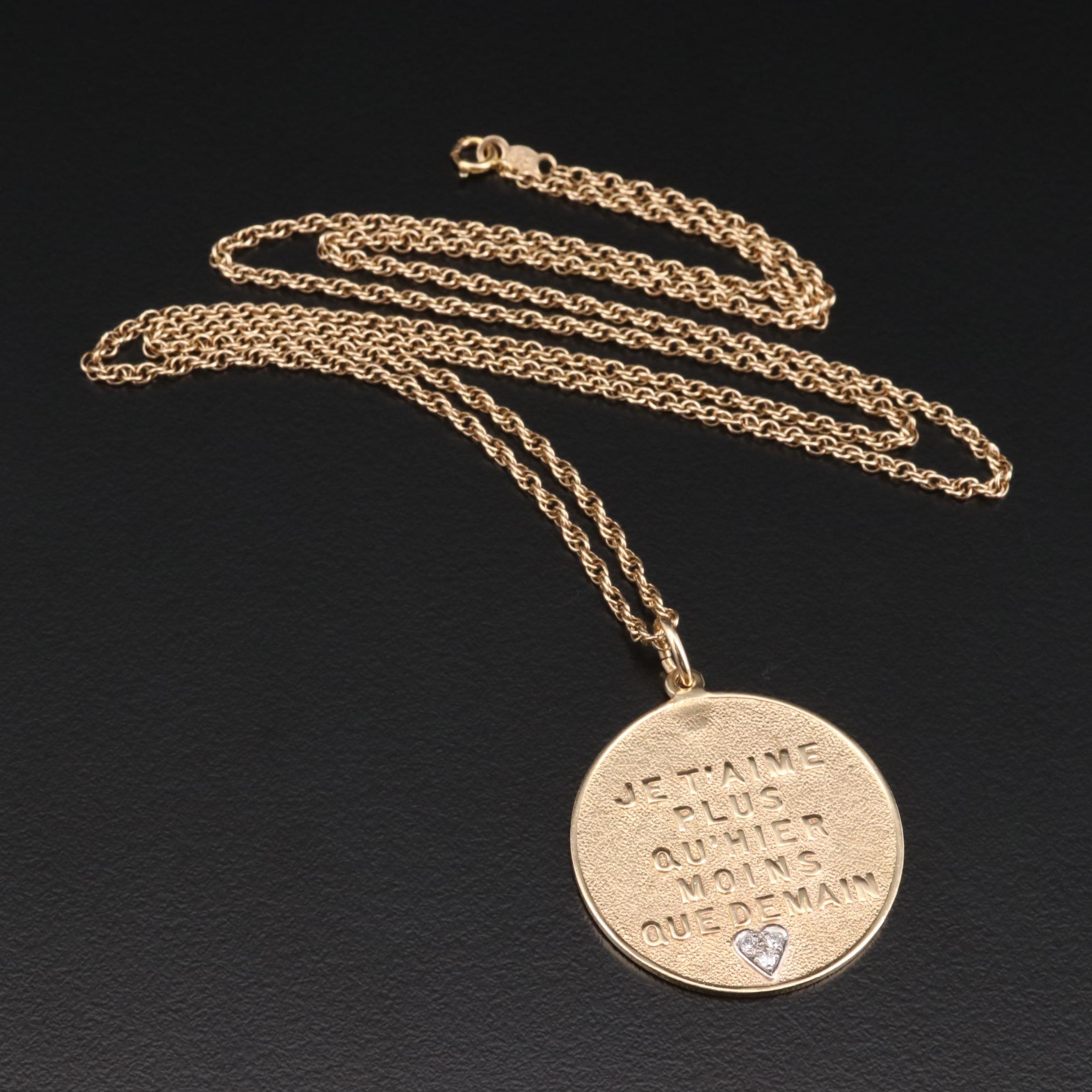 14K Yellow Gold Diamond Pendant Necklace Featuring French Love Saying