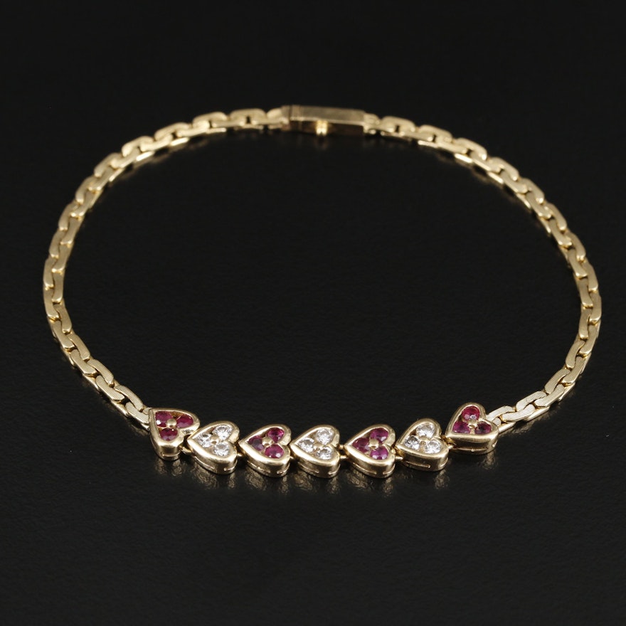 18K Yellow Gold Diamond and Ruby Heart Bracelet