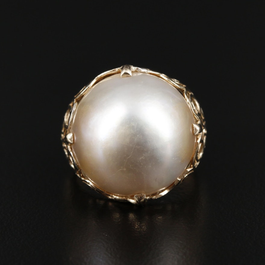14K Yellow Gold Pearl Ring with Patterned Openwork Shoulders