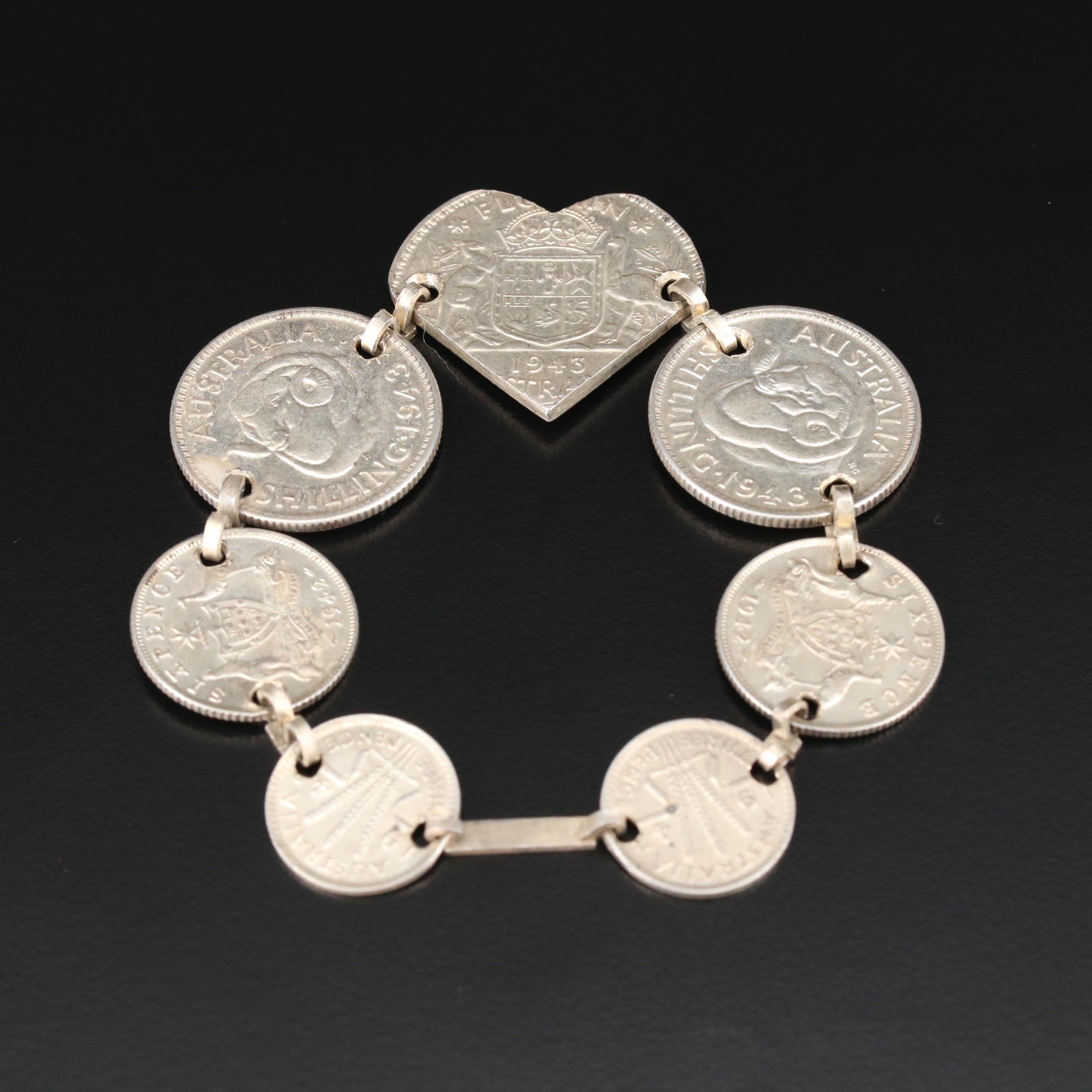 Bracelet with 1942, 1943 Australian Silver Coins: Threepence, Sixpence, Shilling