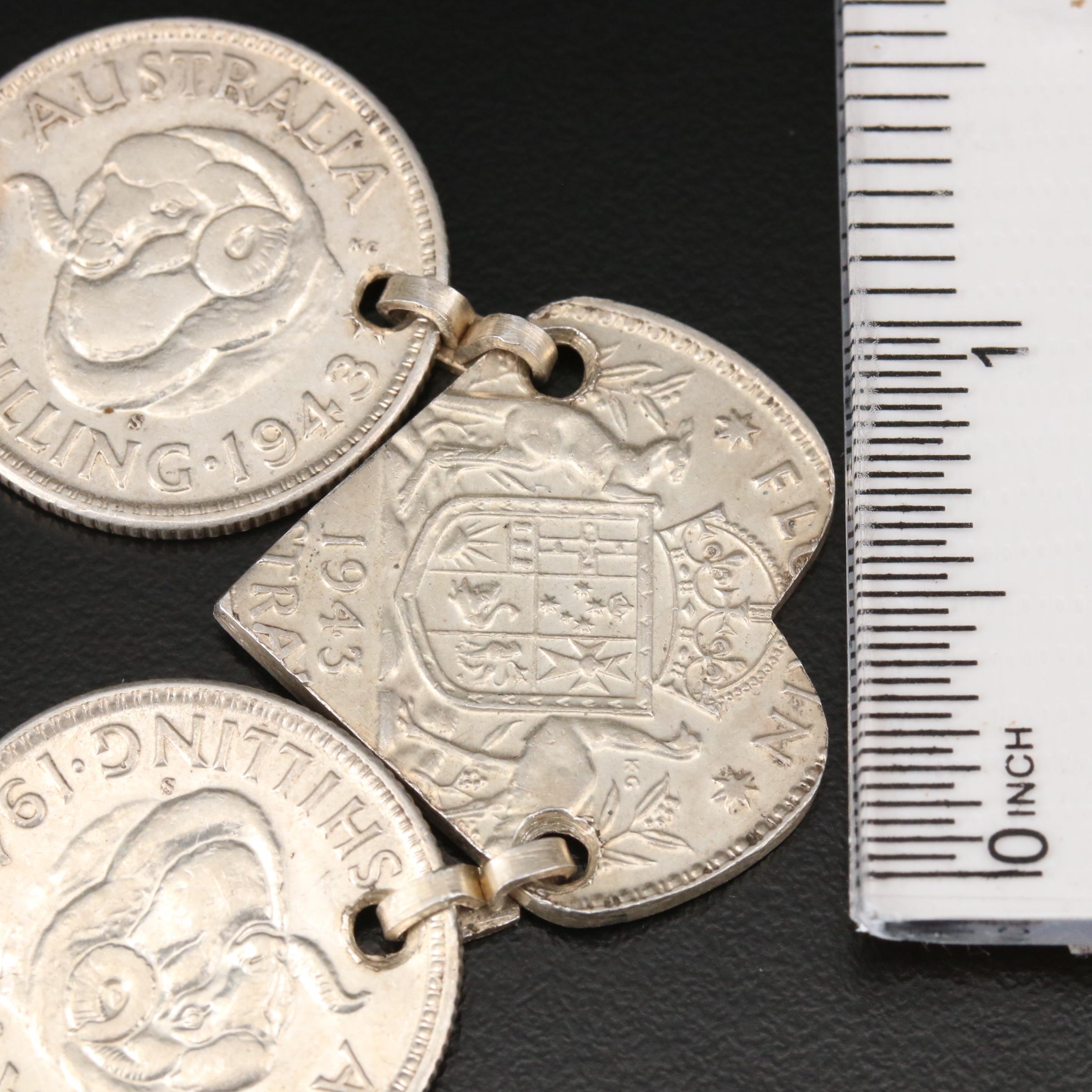 Bracelet with 1942, 1943 Australian Silver Coins: Threepence, Sixpence, Shilling