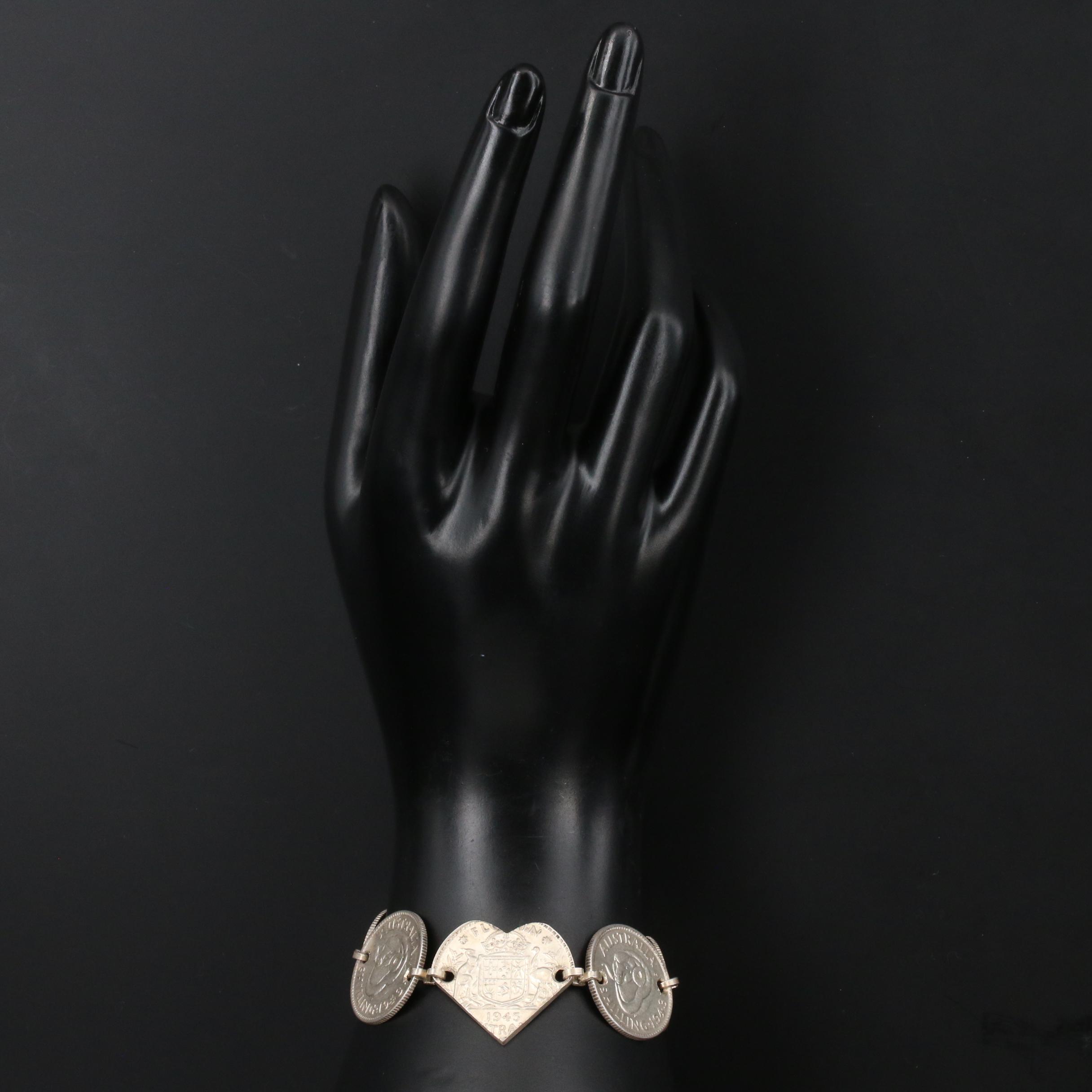 Bracelet with 1942, 1943 Australian Silver Coins: Threepence, Sixpence, Shilling