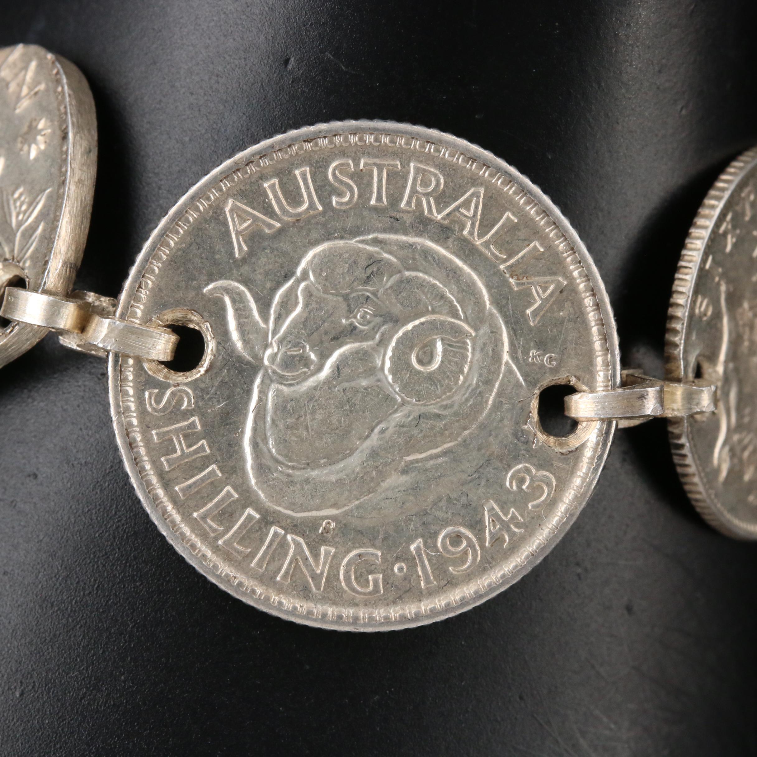 Bracelet with 1942, 1943 Australian Silver Coins: Threepence, Sixpence, Shilling