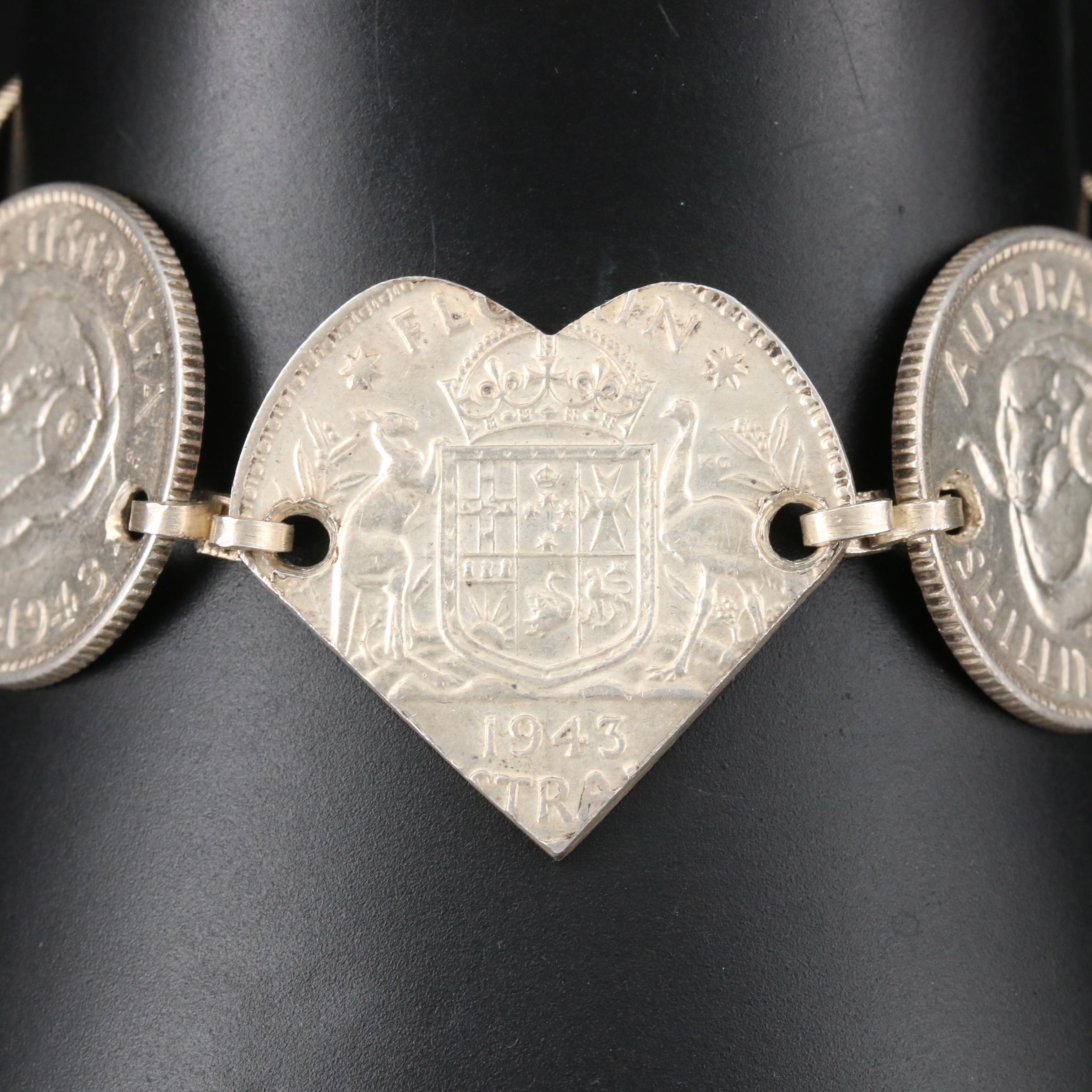 Bracelet with 1942, 1943 Australian Silver Coins: Threepence, Sixpence, Shilling