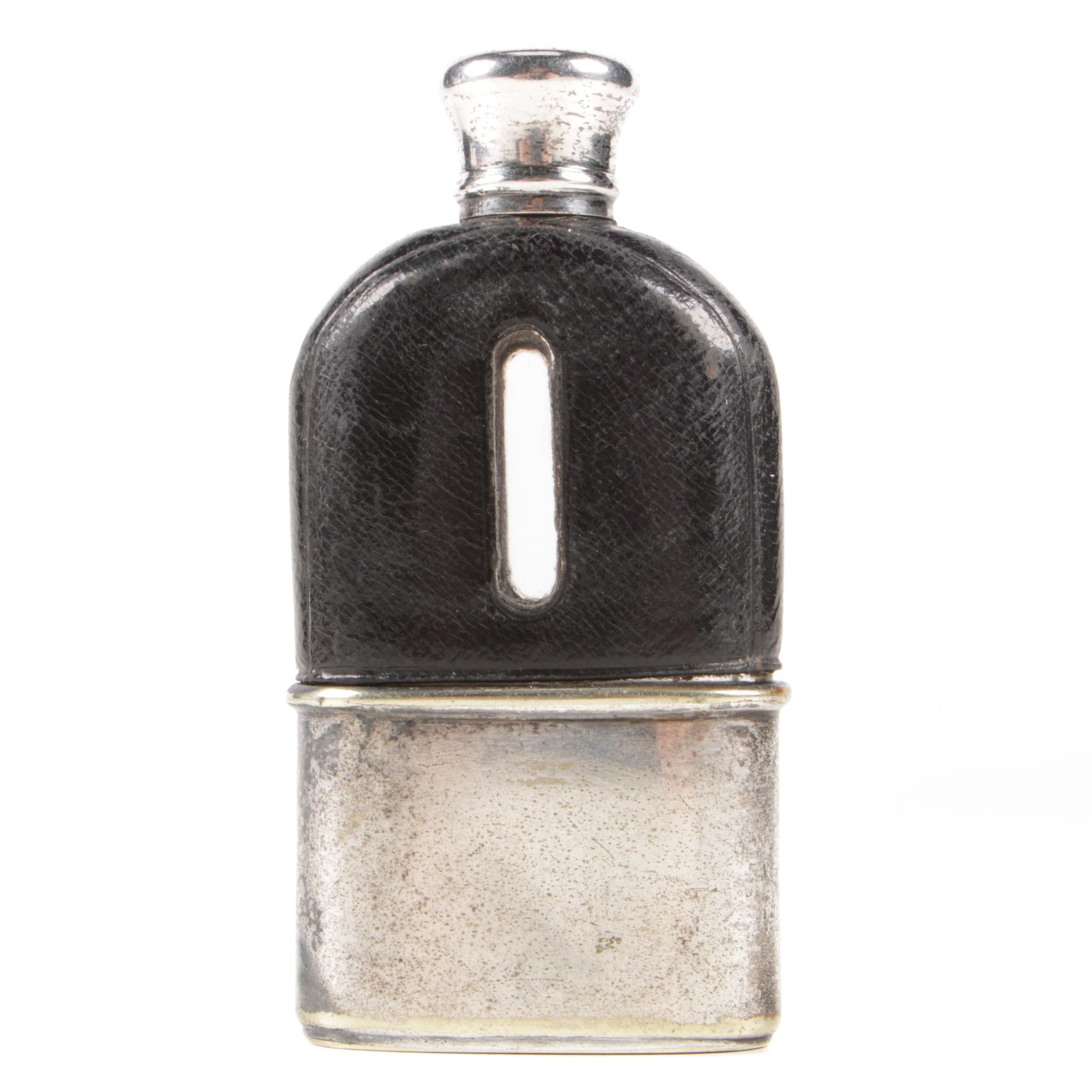 Thornhill English Leather Bound Silver Plate Hip Flask, Late 19th Century
