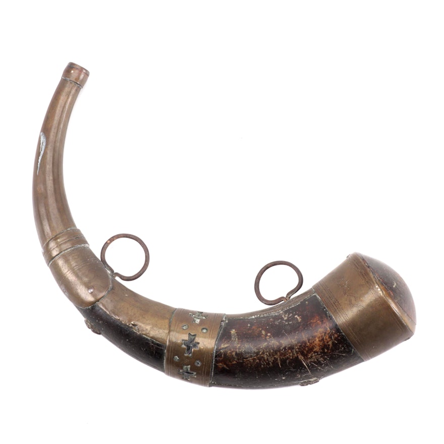 North African Brass-Mounted Powder Horn, 19th Century