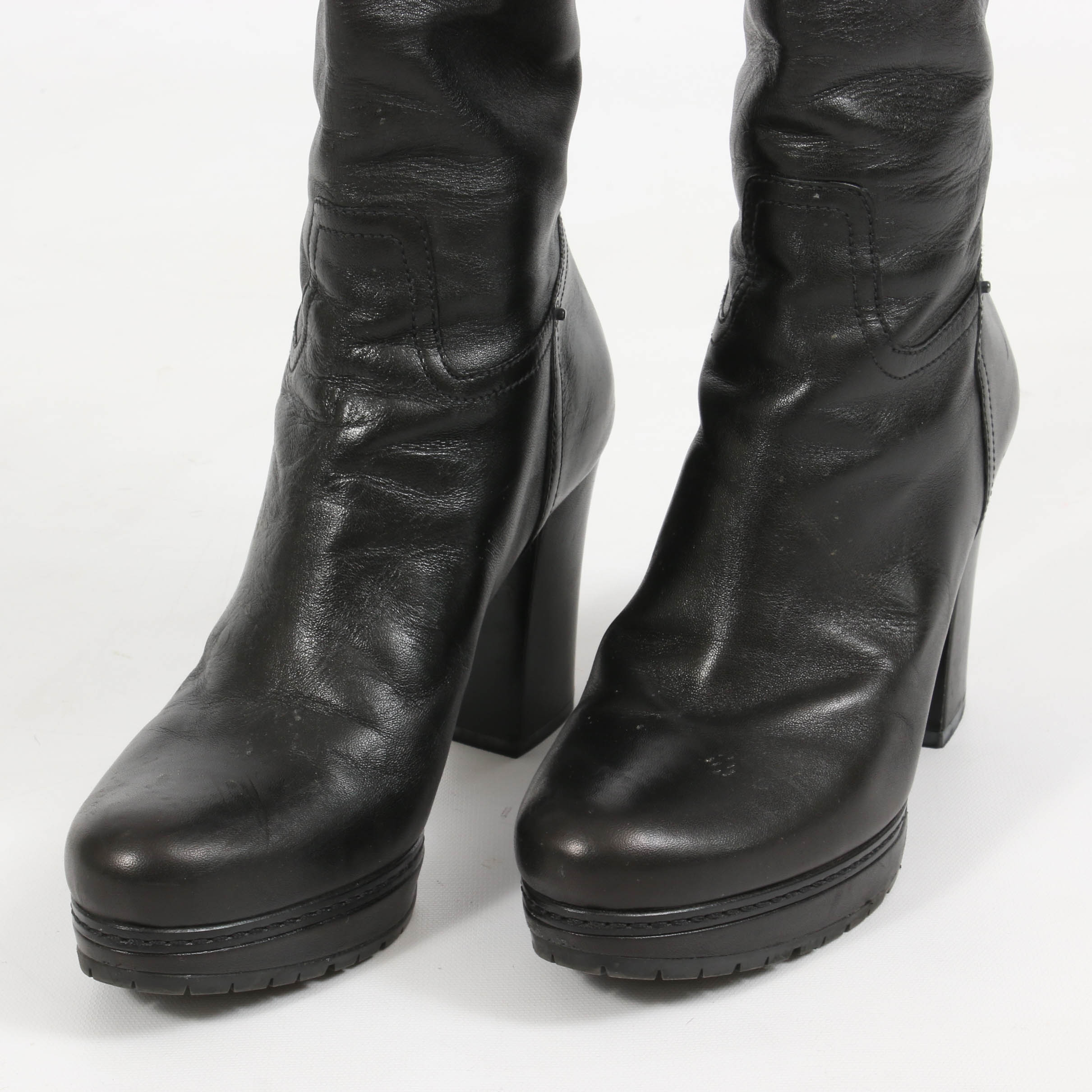 Prada Black Leather Platform Block Heel Boots