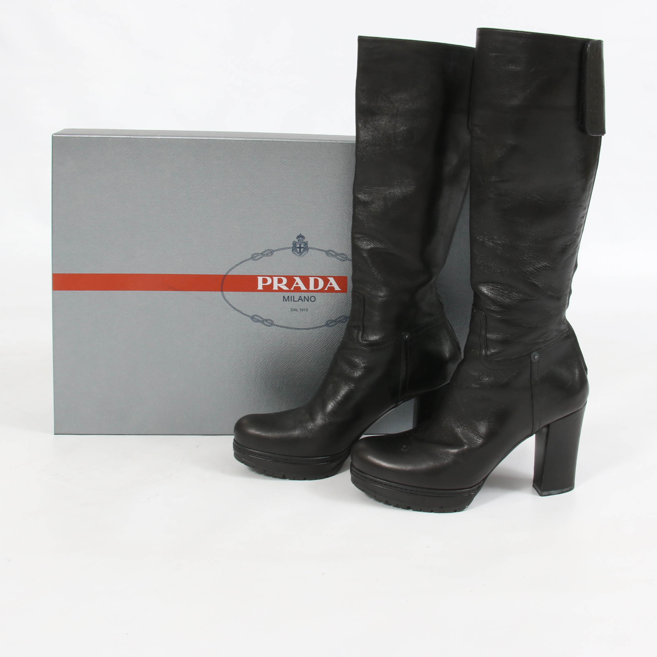 Prada Black Leather Platform Block Heel Boots