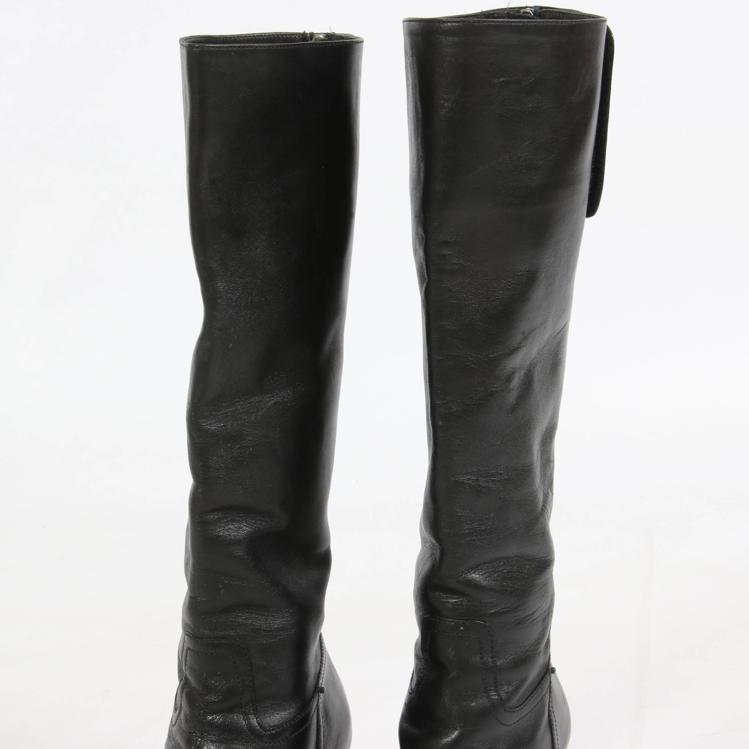 Prada Black Leather Platform Block Heel Boots