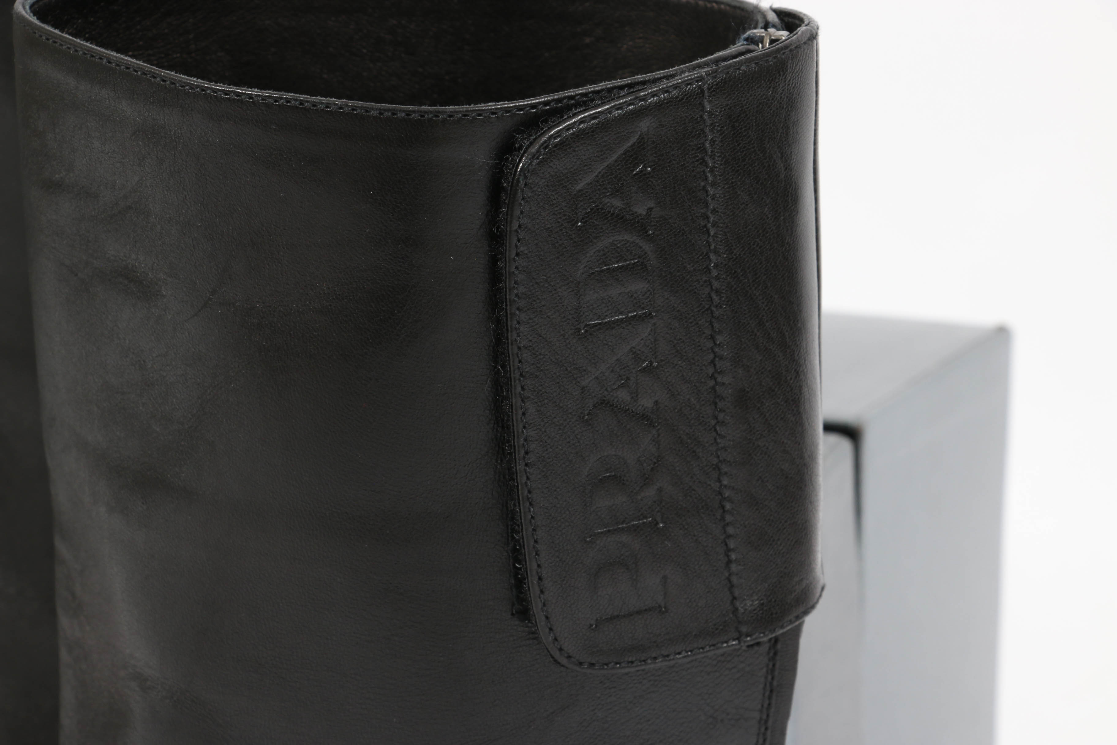 Prada Black Leather Platform Block Heel Boots