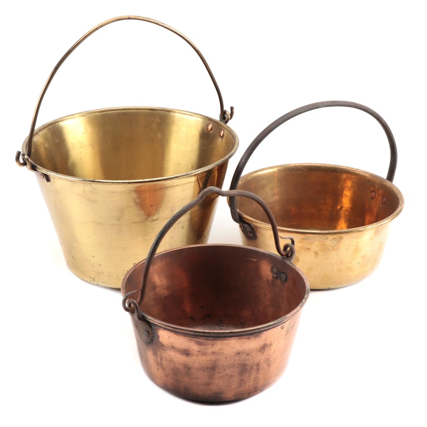 Hand-Forged Brass, Copper, and Cast Iron Fireplace Cooking Pot, Mid-19th C.