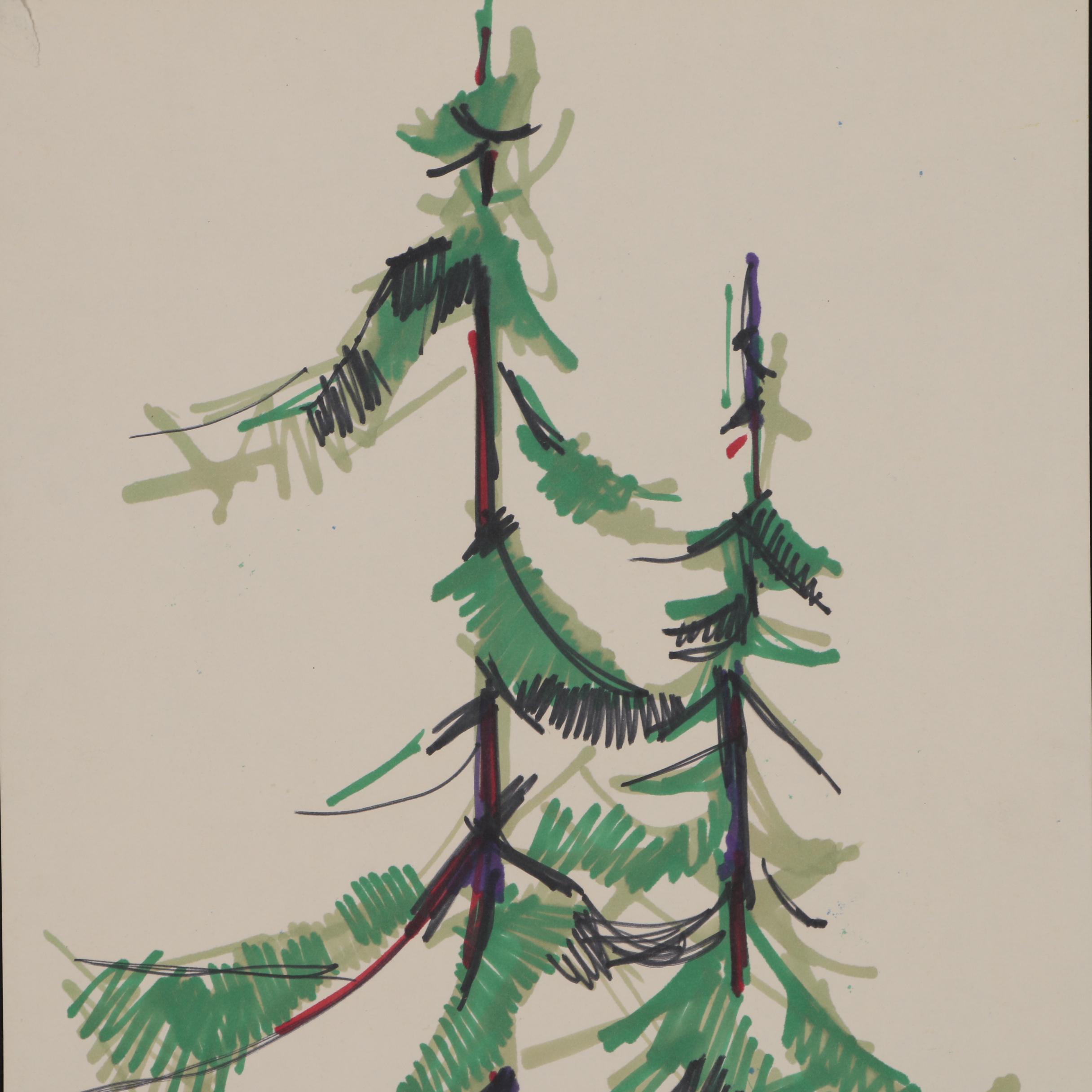 Leonard Maurer Ink Drawing of Trees, 1960