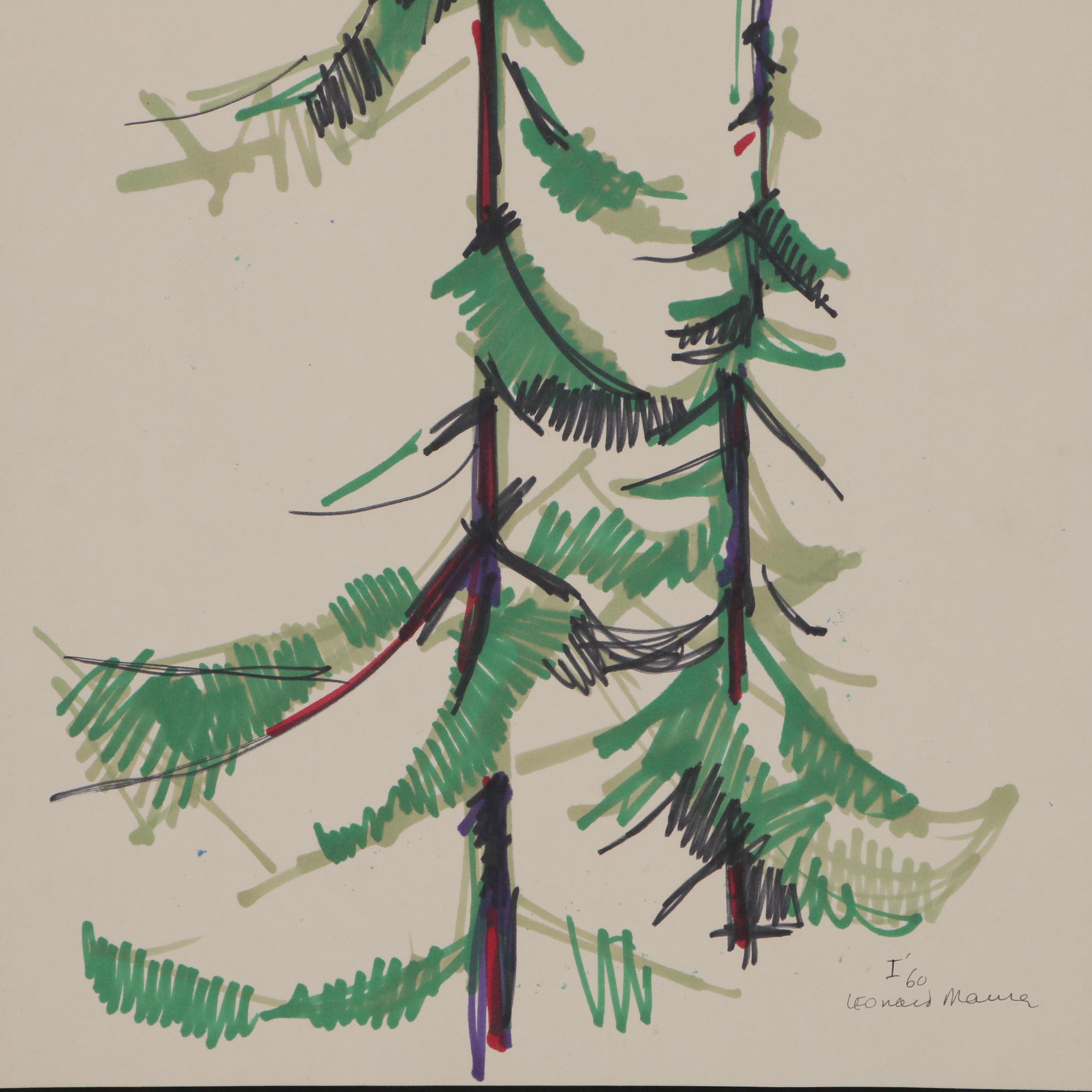 Leonard Maurer Ink Drawing of Trees, 1960