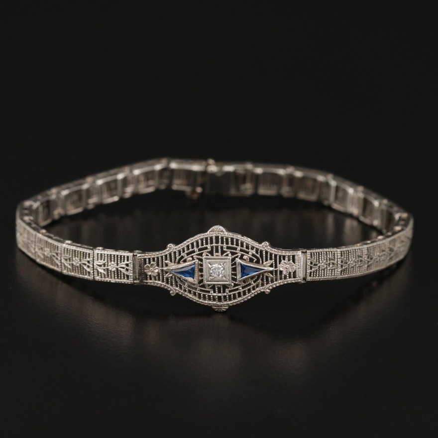 Art Deco 14K Gold Diamond and Synthetic Spinel Bracelet with Filigree Design