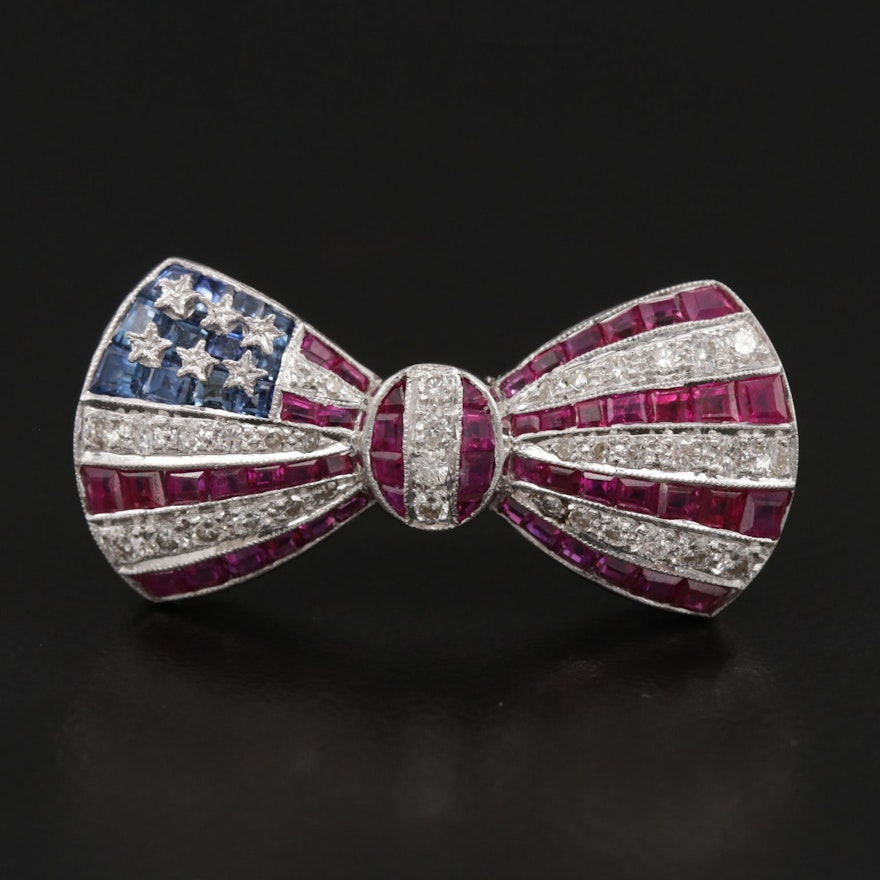 14K American Themed Diamond, Ruby and Sapphire Bow Brooch