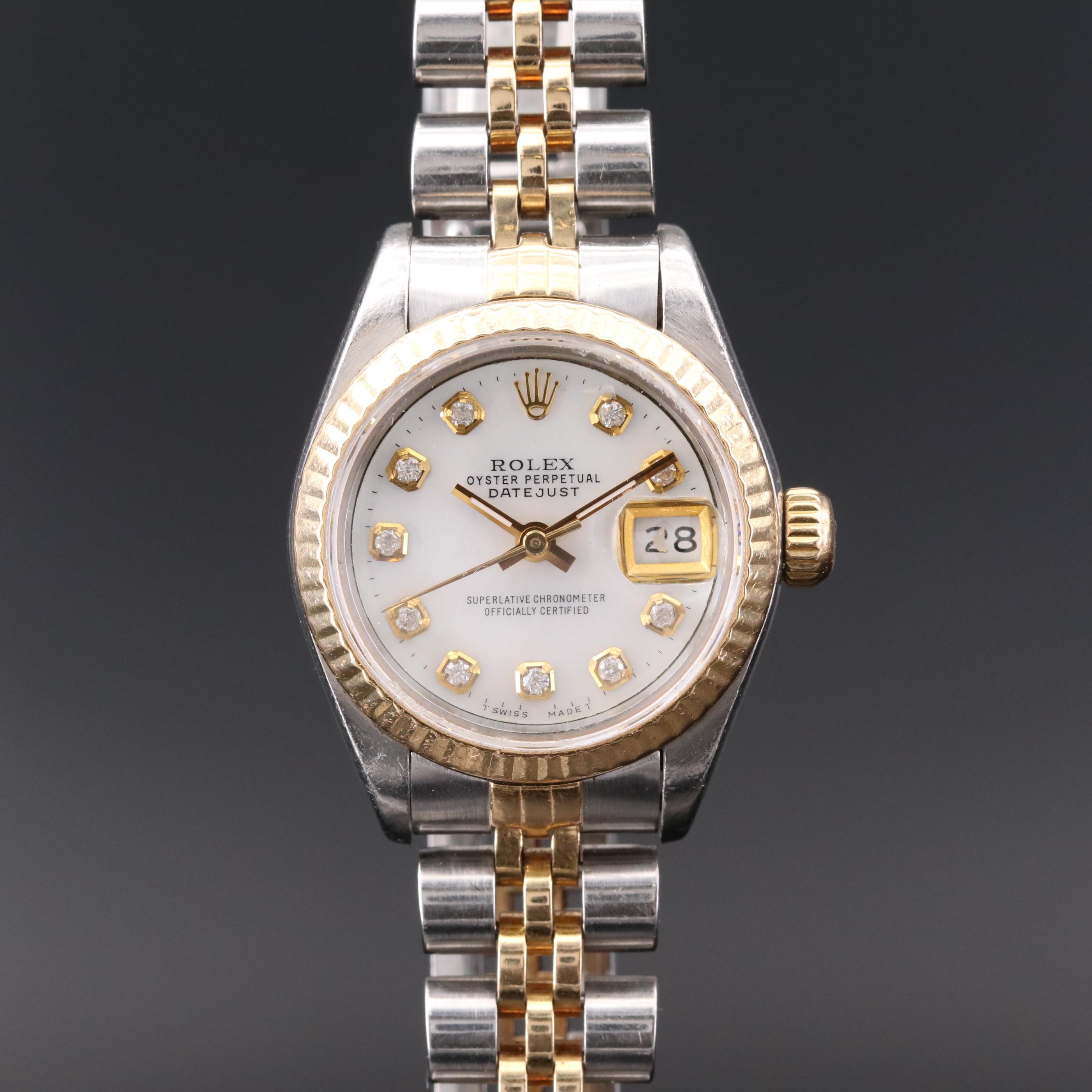 1990 Rolex Datejust Stainless Steel and 18K Gold Diamond Dial Watch