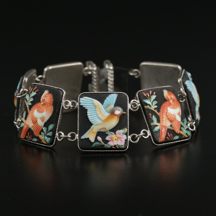 Toshikane Red and Blue Bird Theme Panel Bracelet