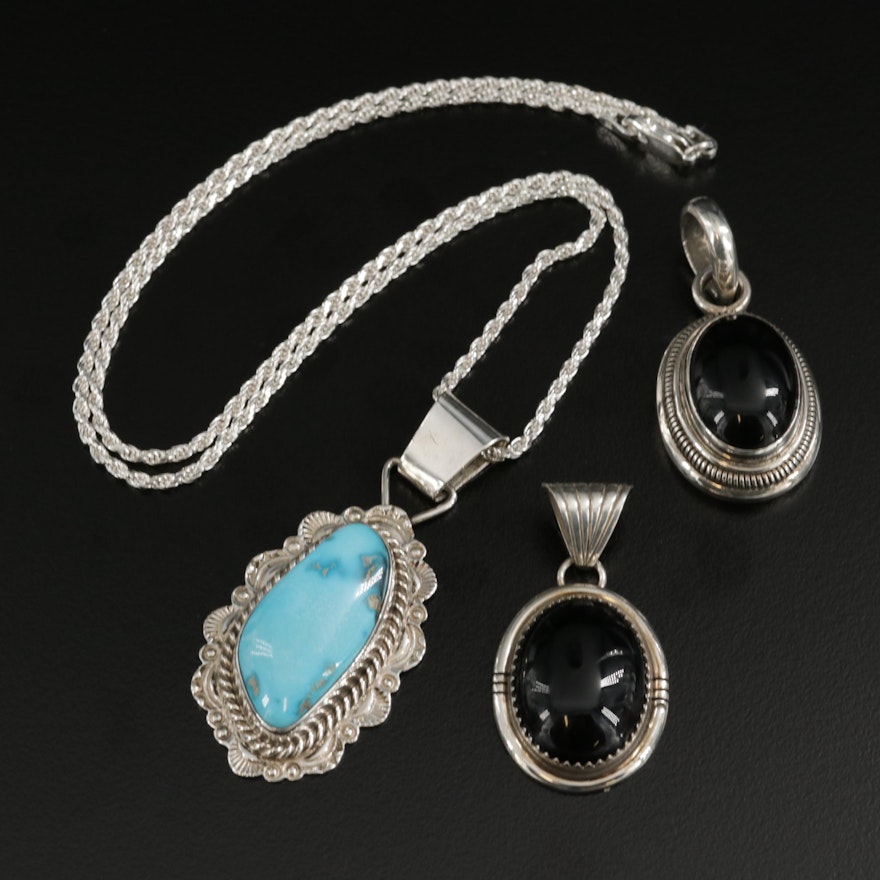 Signed Sterling Silver Turquoise and Black Onyx Pendants with French Rope Chain